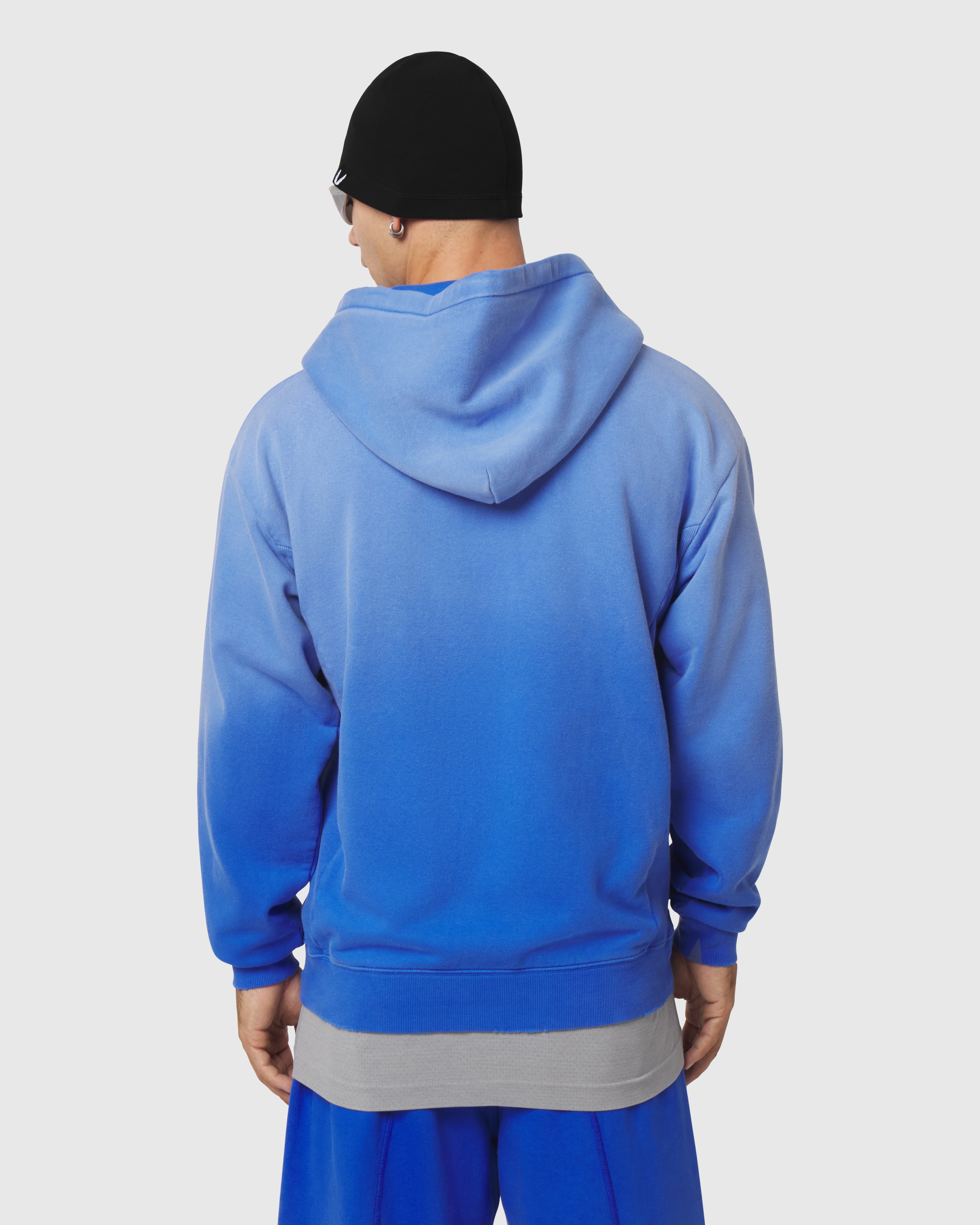 0843. Tech Essential™ Distressed Full Zip Hoodie - Electric Blue Sun Fade