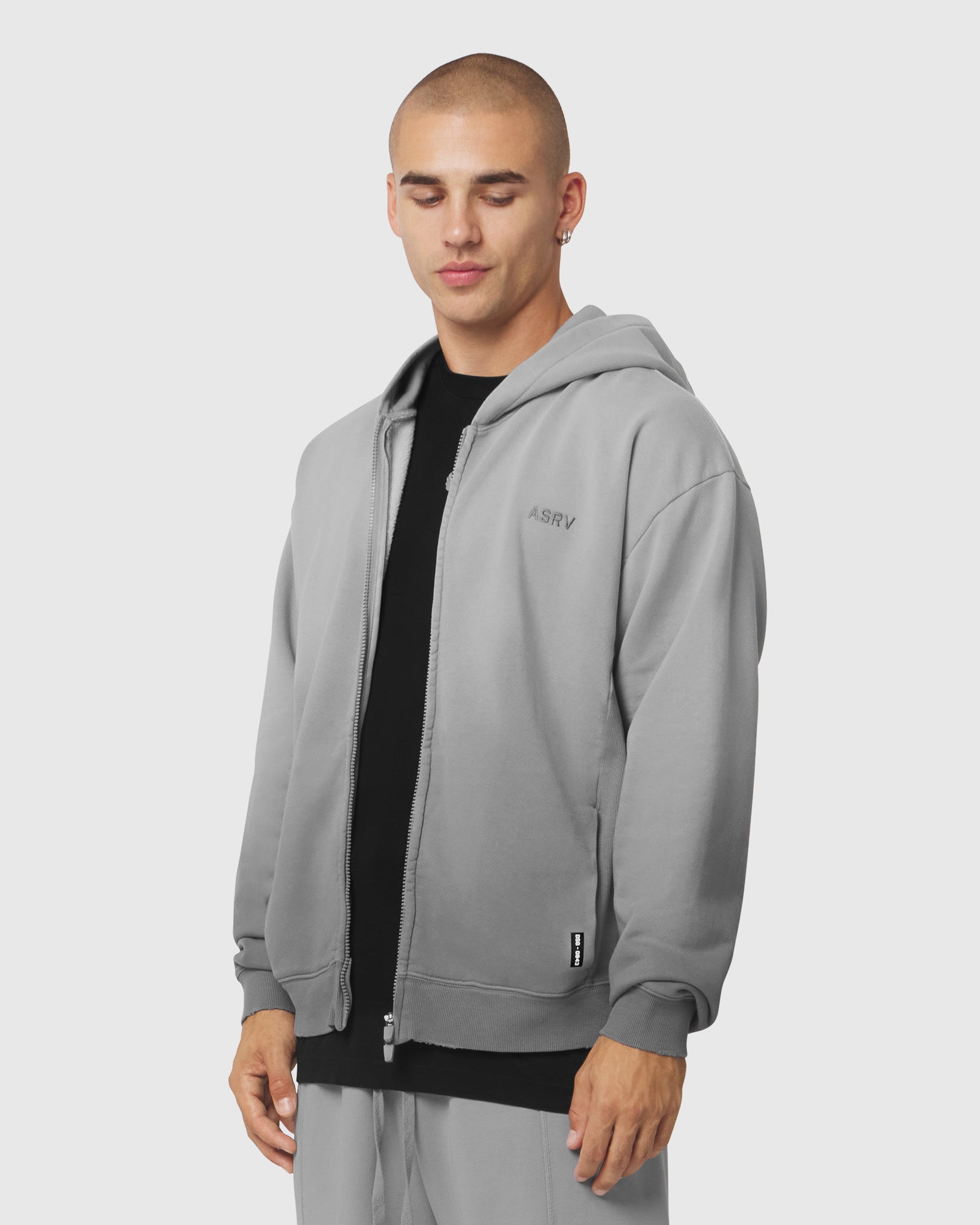 0843. Tech Essential™ Distressed Full Zip Hoodie - Slate Grey Sun Fade