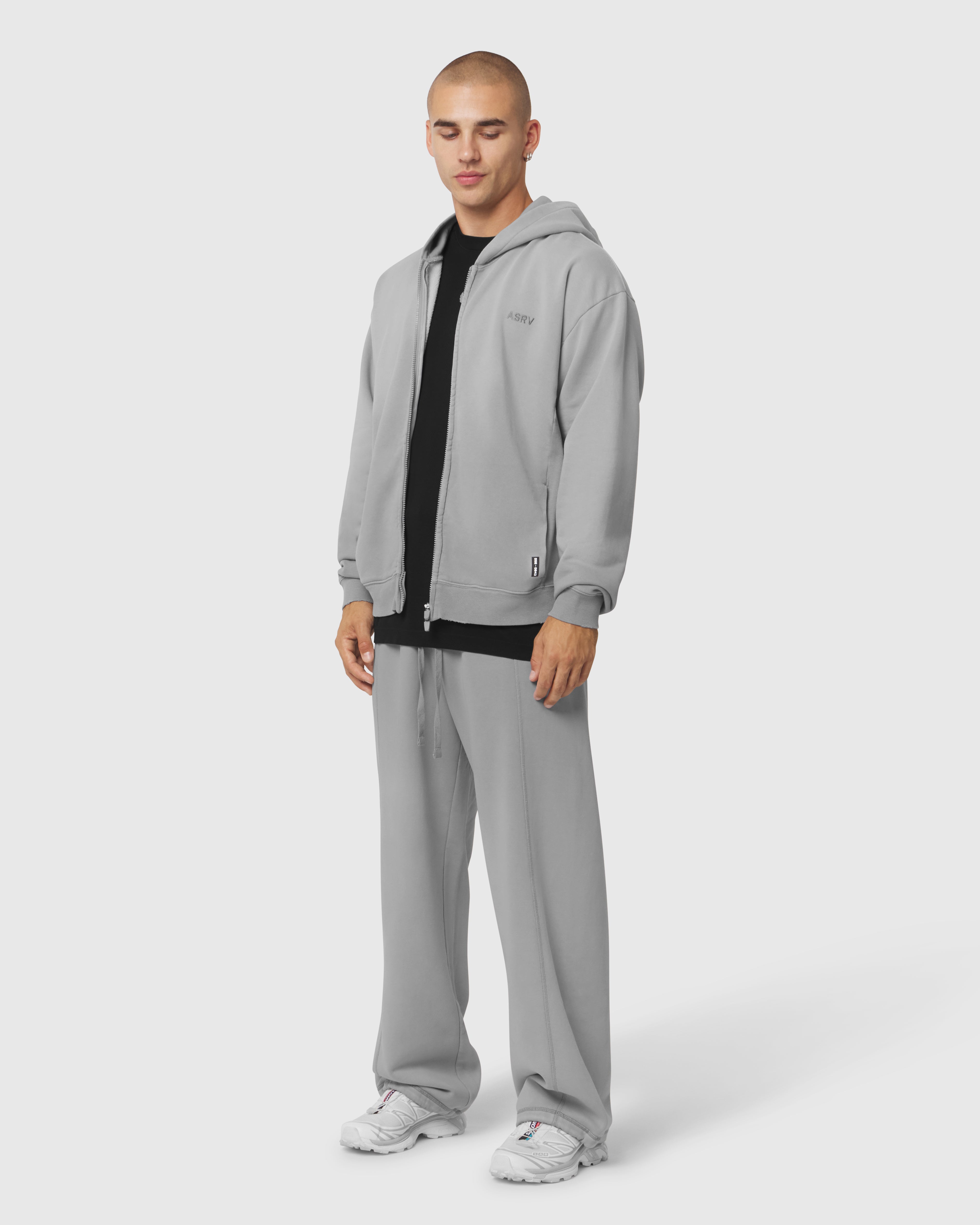 0843. Tech Essential™ Distressed Full Zip Hoodie - Slate Grey Sun Fade