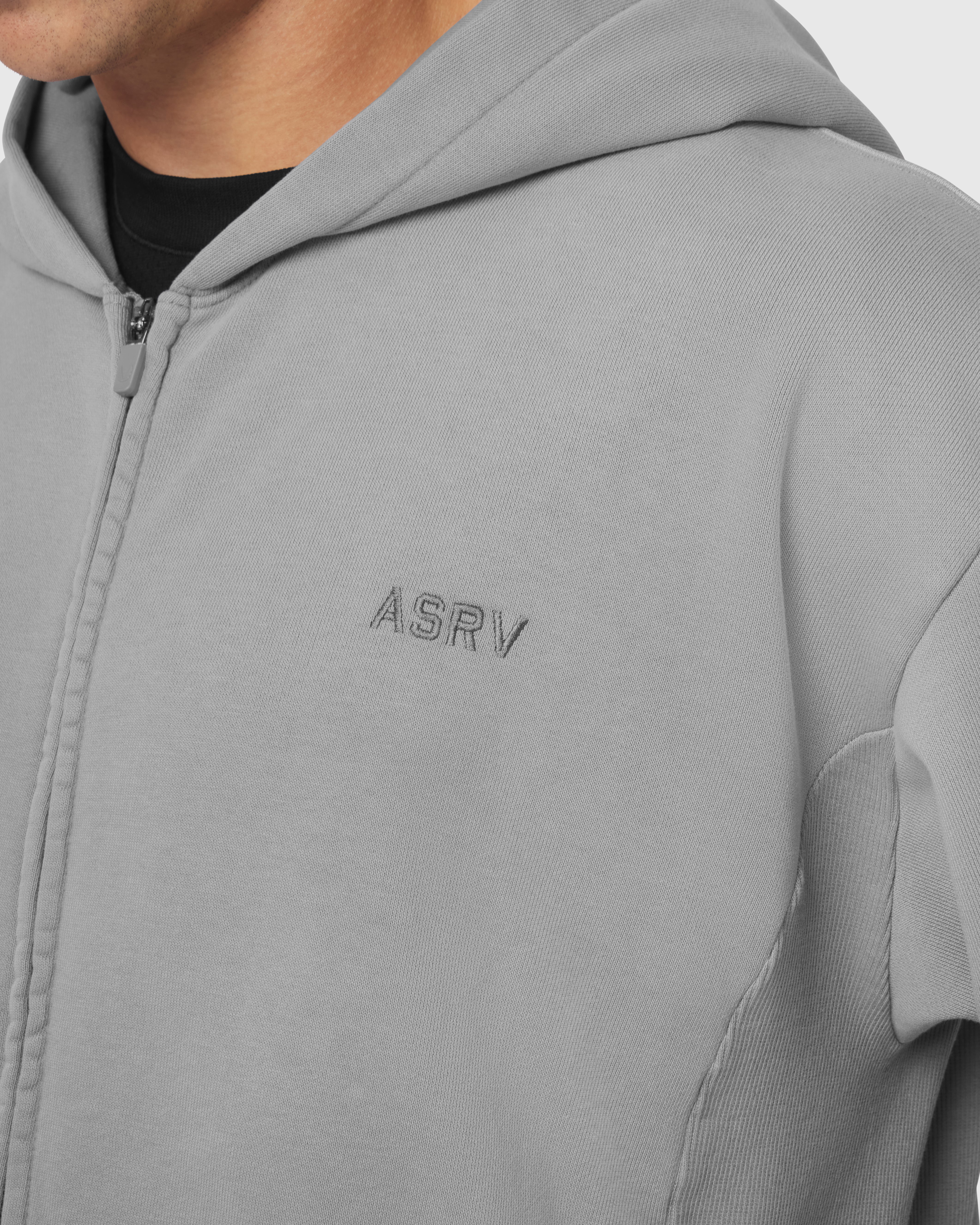 0843. Tech Essential™ Distressed Full Zip Hoodie - Slate Grey Sun Fade