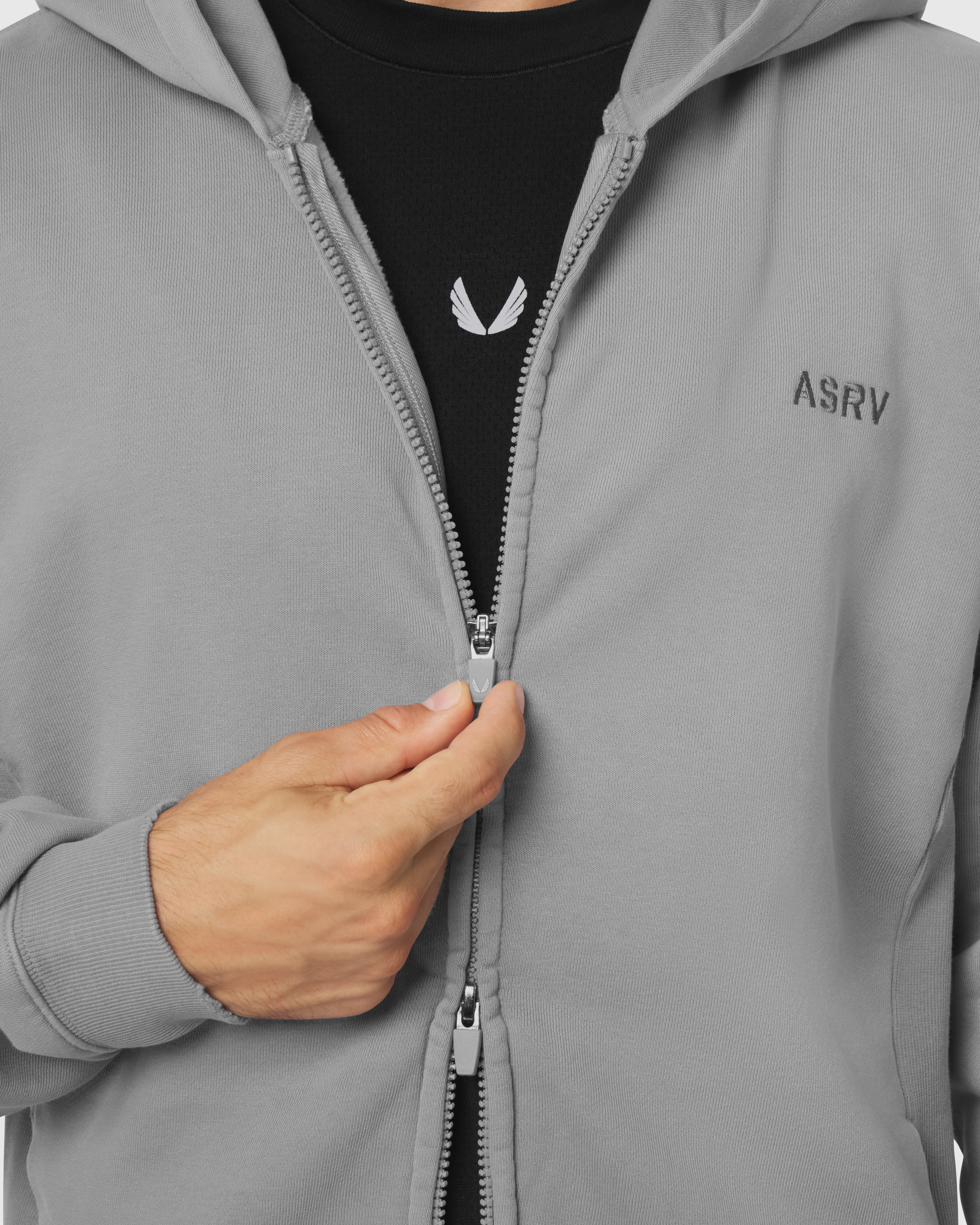 0843. Tech Essential™ Distressed Full Zip Hoodie - Slate Grey Sun Fade