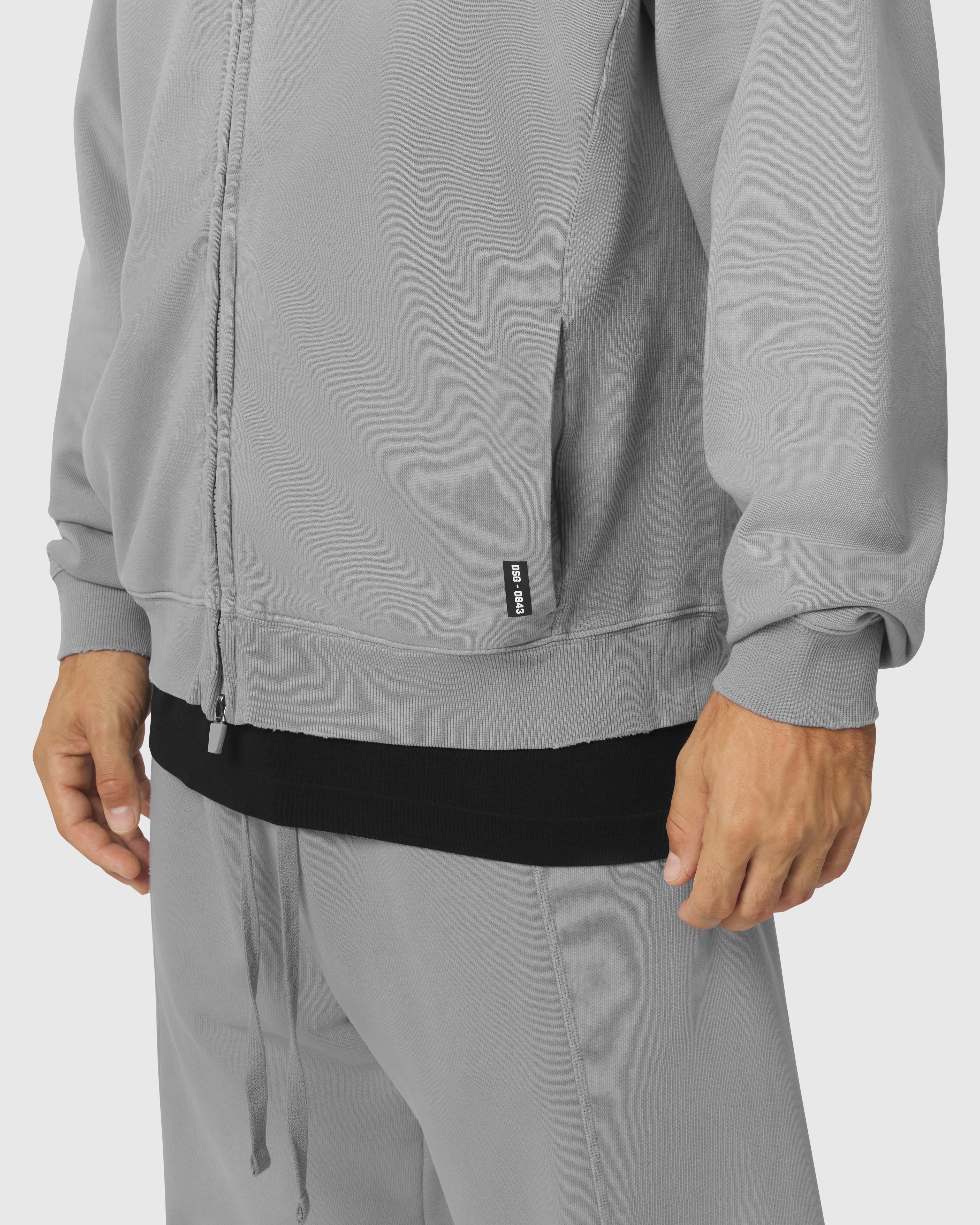 0843. Tech Essential™ Distressed Full Zip Hoodie - Slate Grey Sun Fade