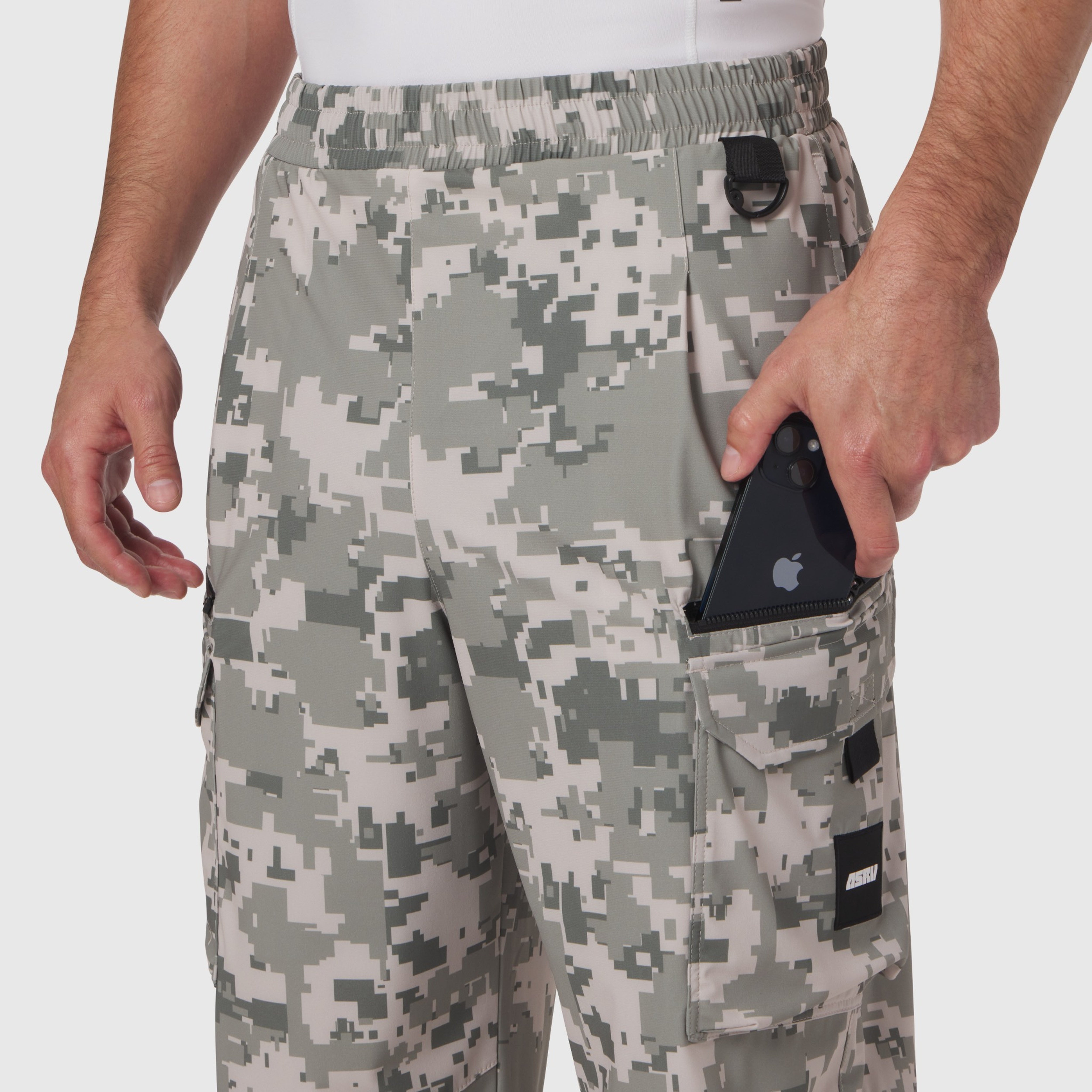 Tetra-Lite Cargo City Pant in digital camo worn by model, front pocket detail with phone