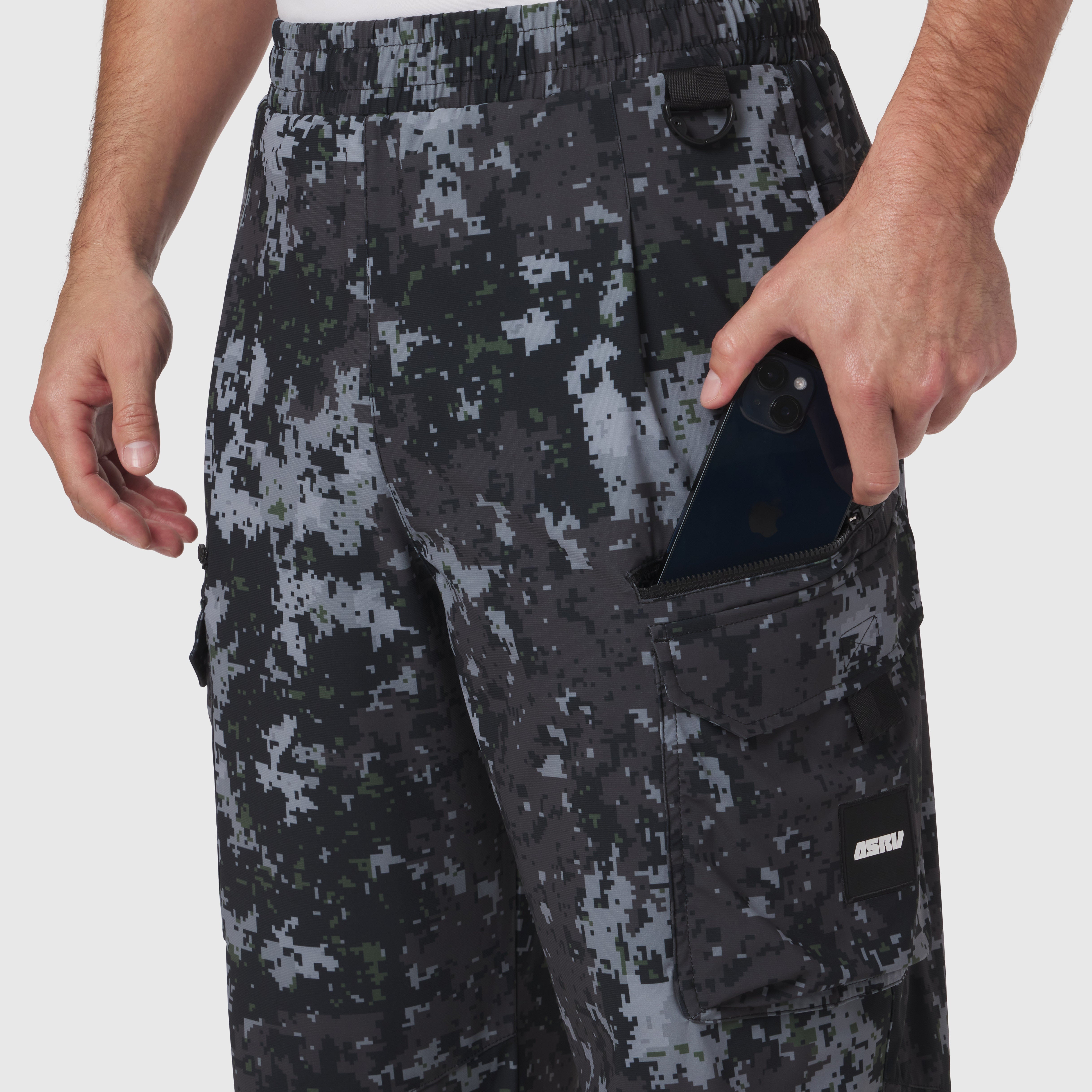 Tetra-Lite® Cargo City Pant in pixel camo worn by model, detail of side pocket