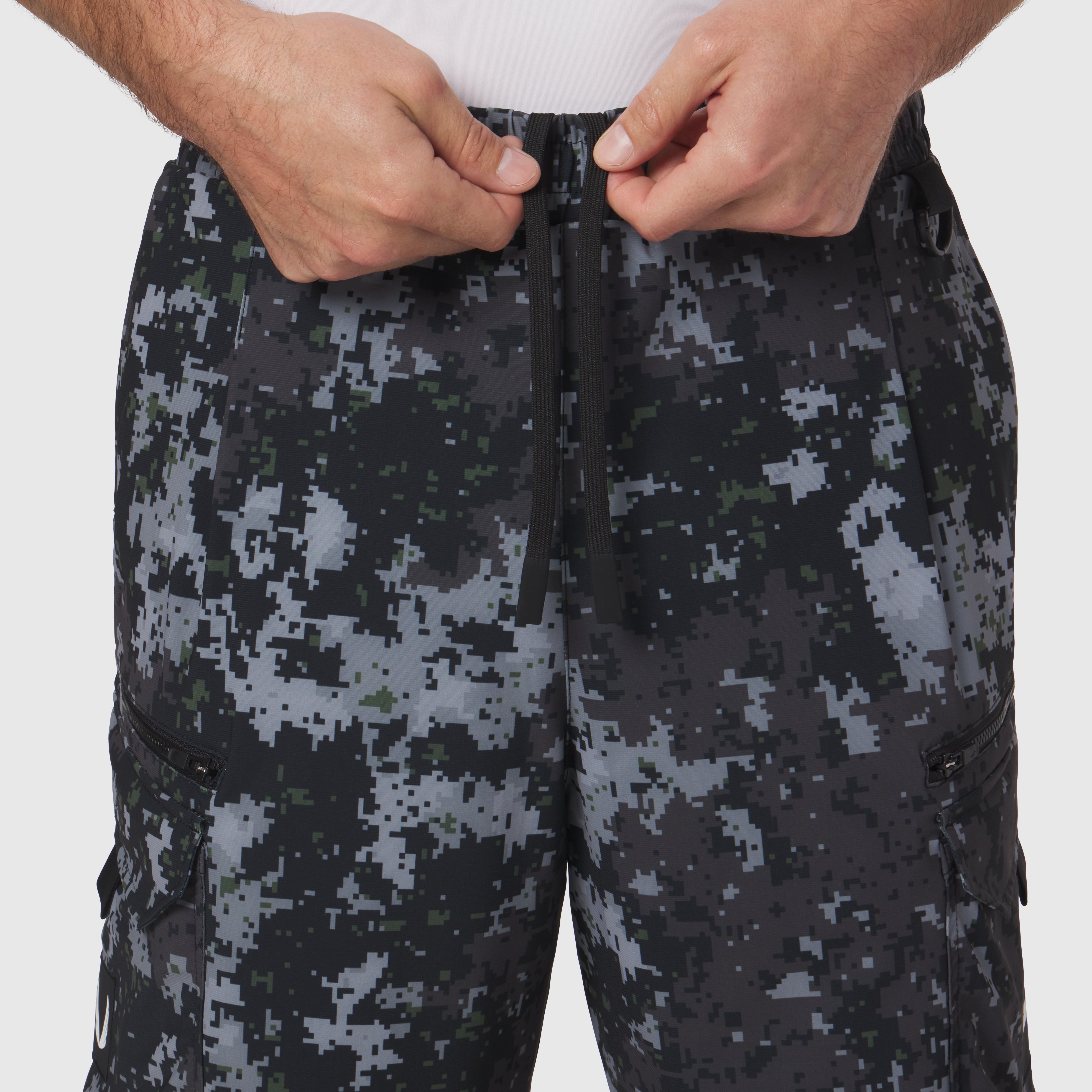 Tetra-Lite® Cargo City Pant in Pixel Camo being worn, front zip detail view