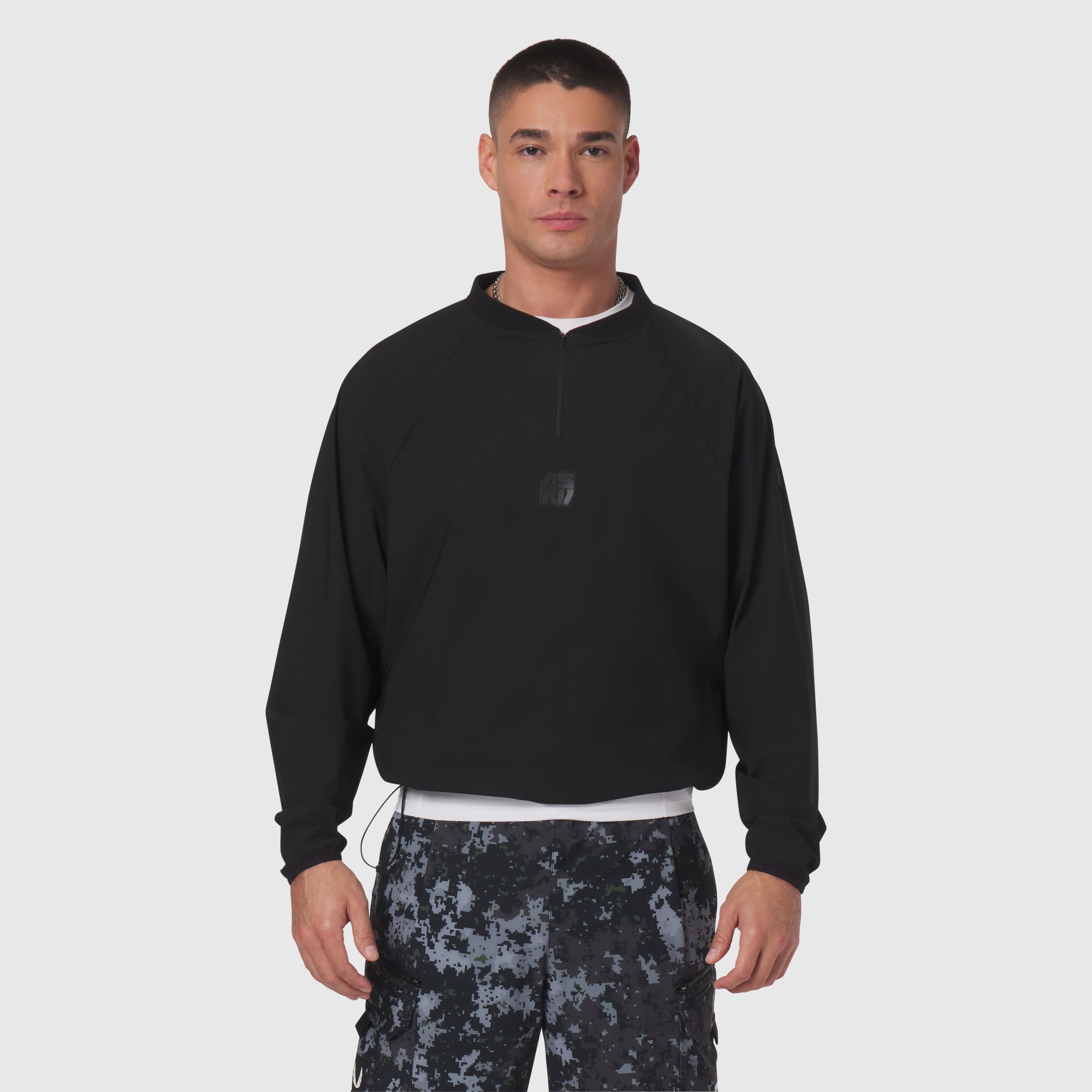 Black Tetra-Lite Blade Collar Zip Jacket worn by model, front view