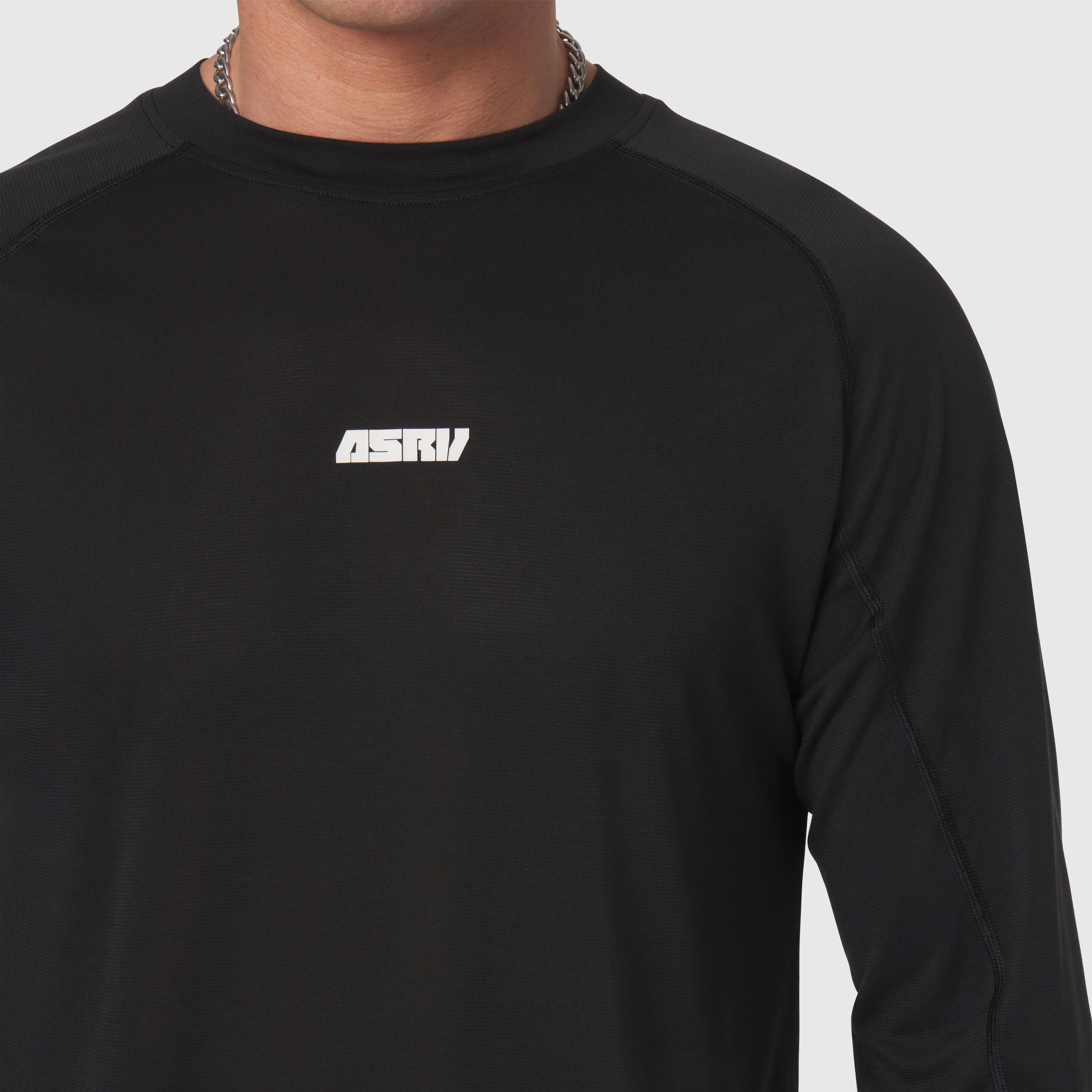 Polartec® Delta Longsleeve in black worn by model, front view with ASRV logo