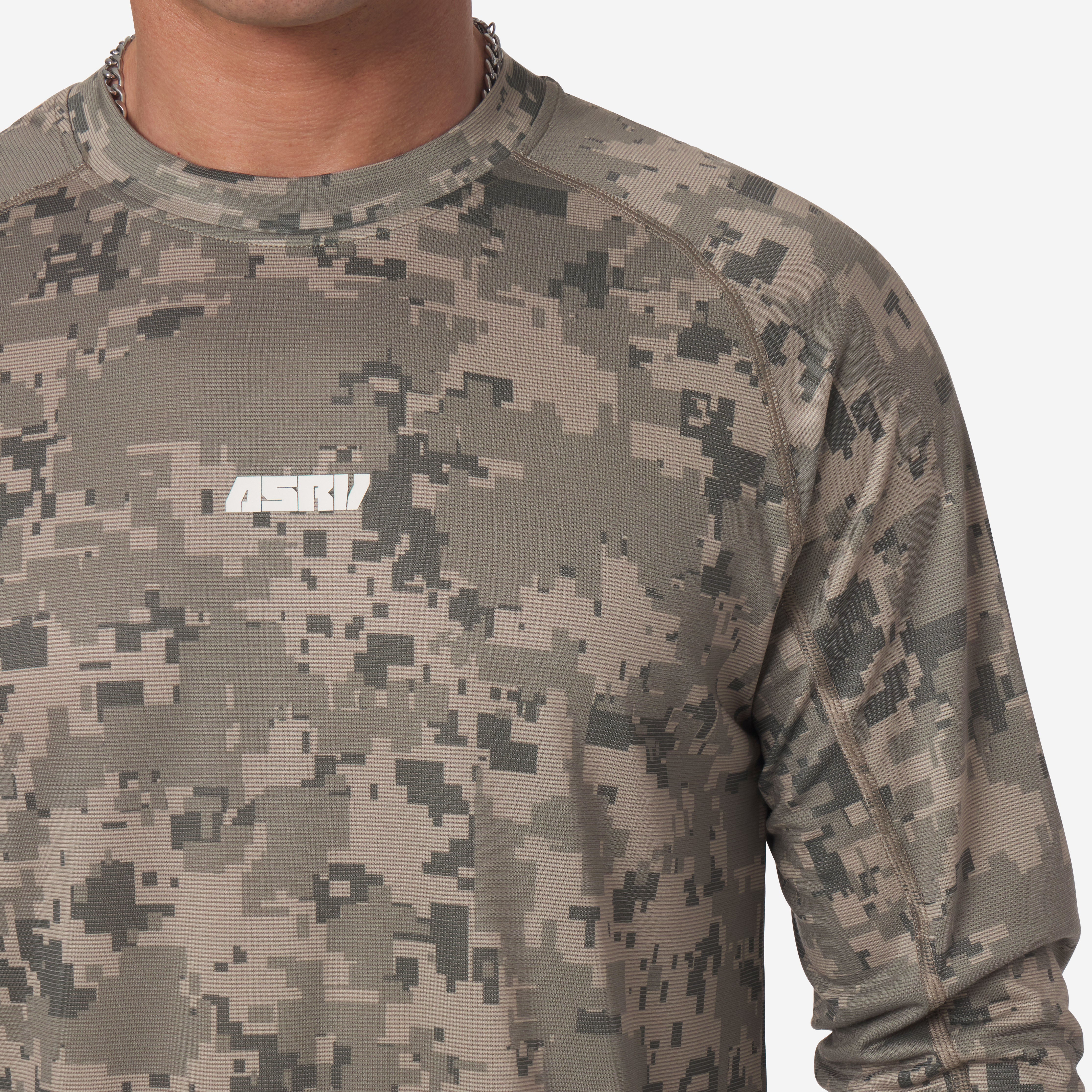 Polartec® Delta Longsleeve in digital camo worn by model, front view