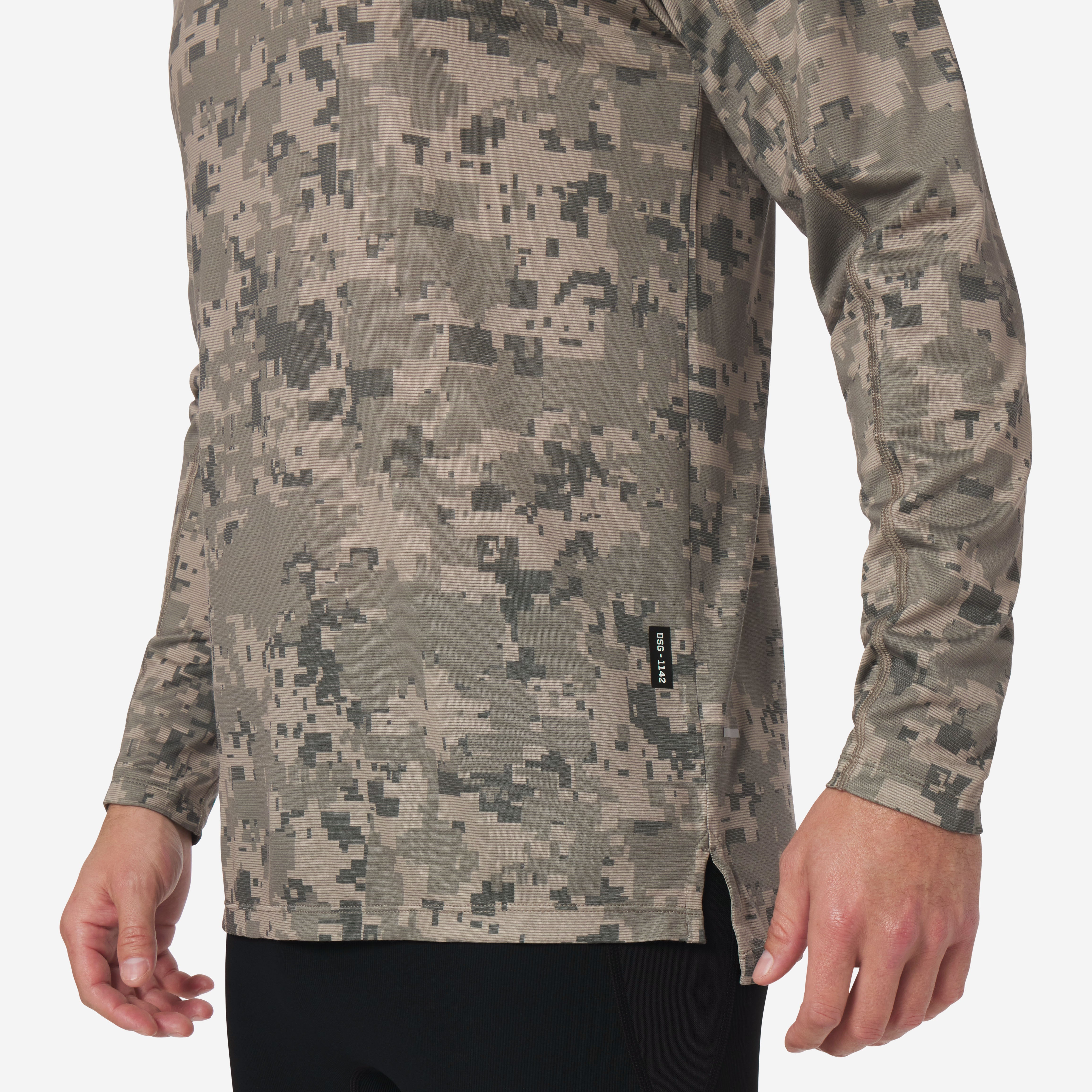 Polartec® Delta Longsleeve in digital camo worn by model, front side view