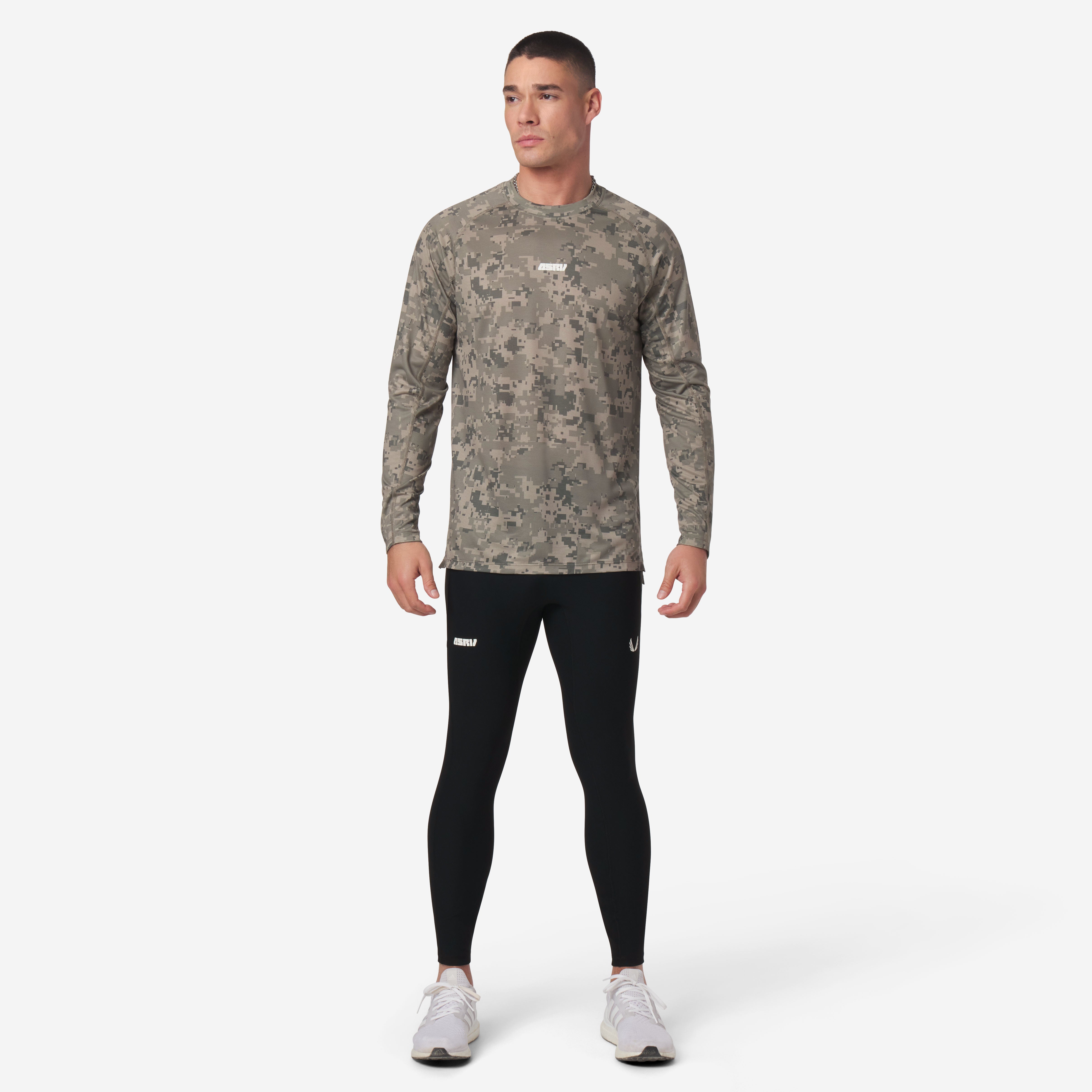 Polartec® Delta Longsleeve in digital camo worn by model with black leggings