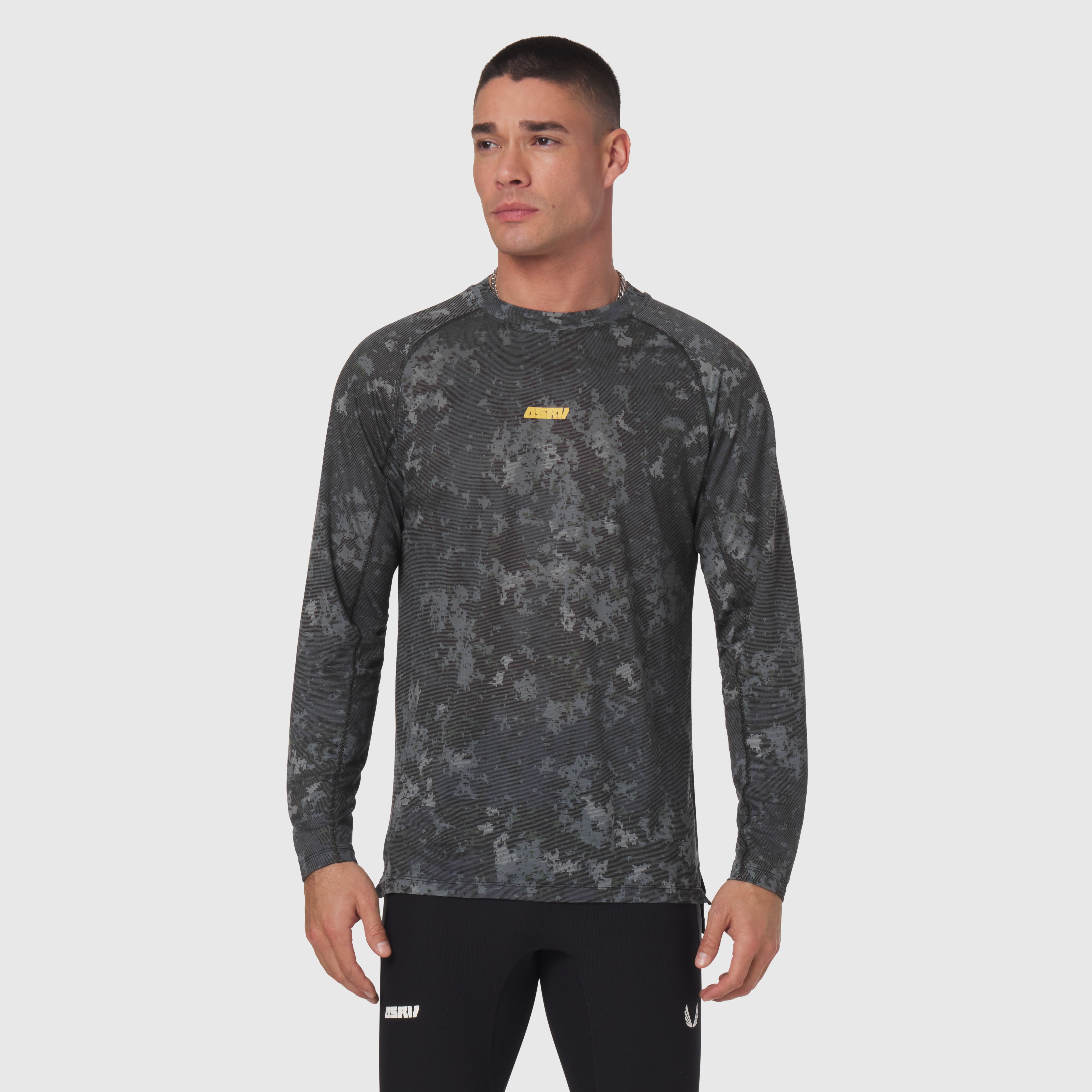 Polartec® Delta Longsleeve in pixel camo charcoal, front view on model