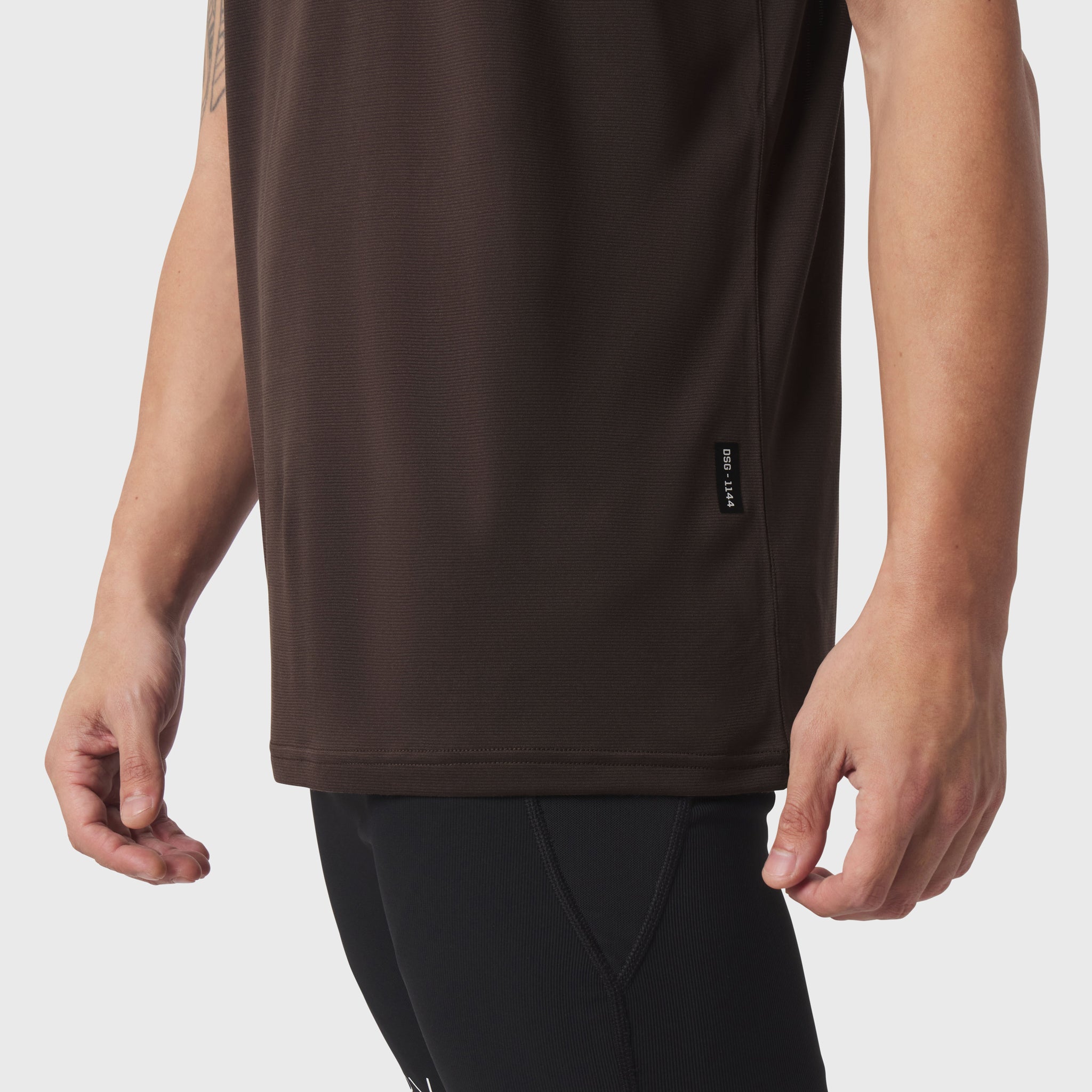 Polartec® Delta Training Tee in Dark Earth worn by model, side view