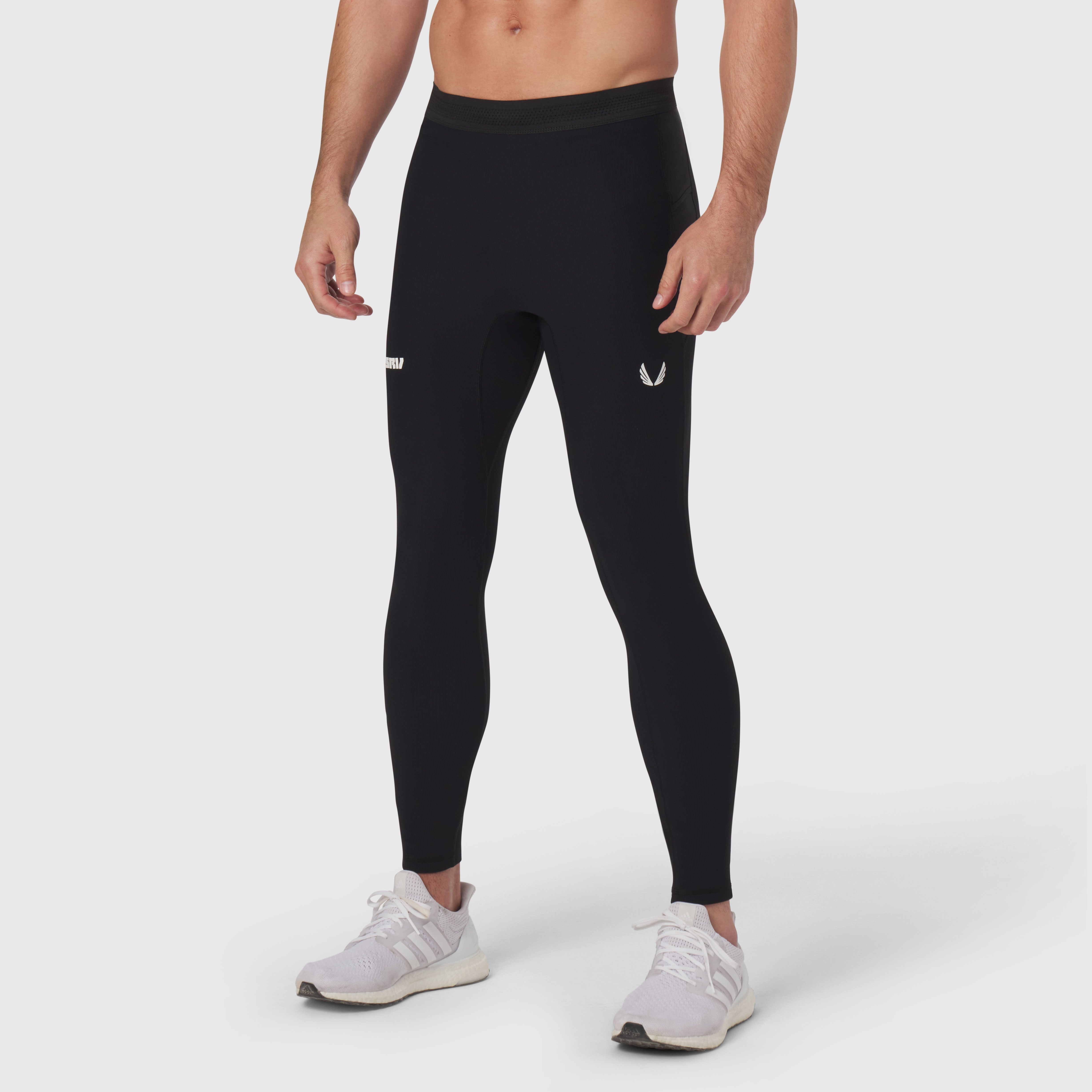 Black Lycra Ribbed Running Tights worn by male model, front view