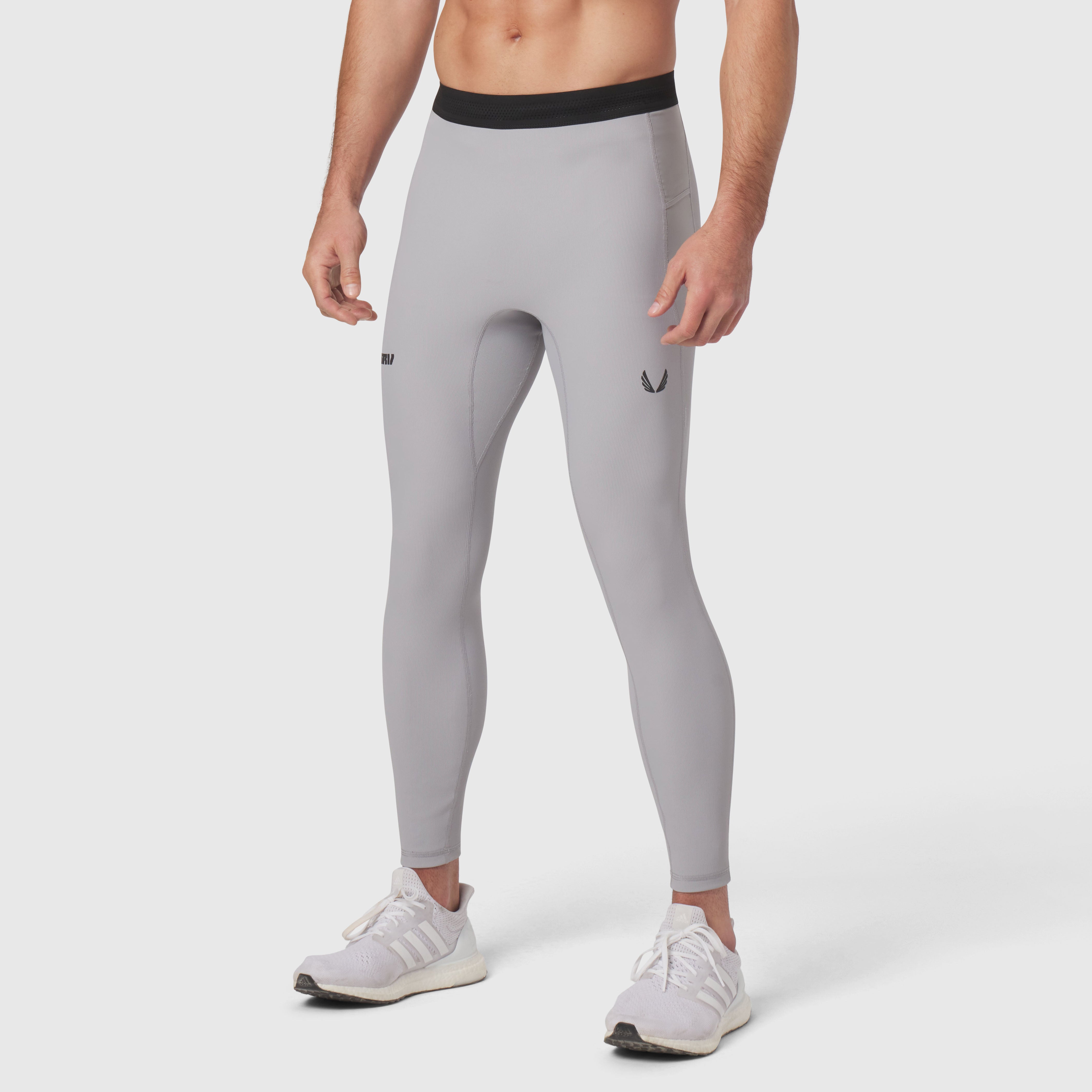 Lycra® Ribbed Running Tight in slate grey, modeled on male runner in front view