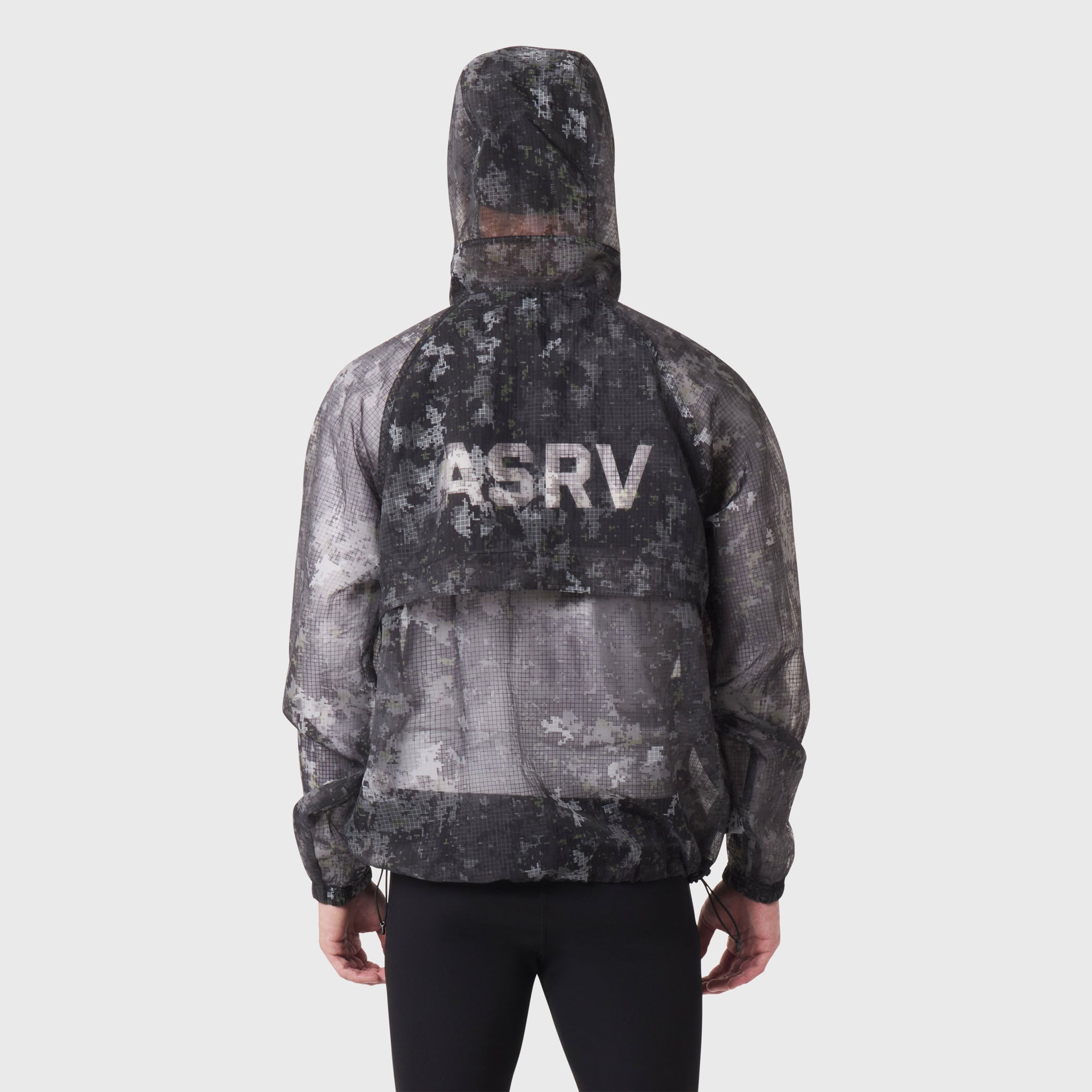 Weather-Ready Transparent Ripstop Shell Jacket in pixel camo, worn by model, back view