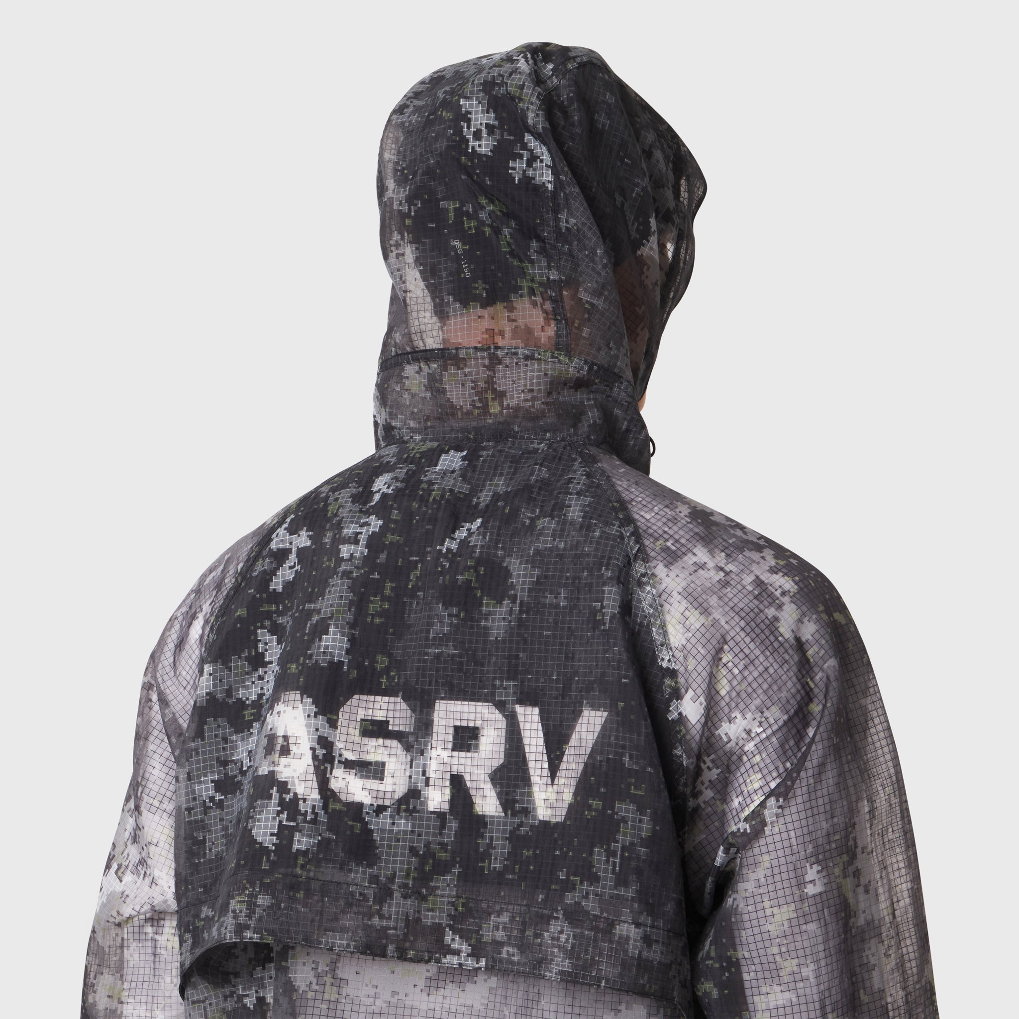 Weather-Ready Transparent Ripstop Shell Jacket in pixel camo, modeled from behind with hood up