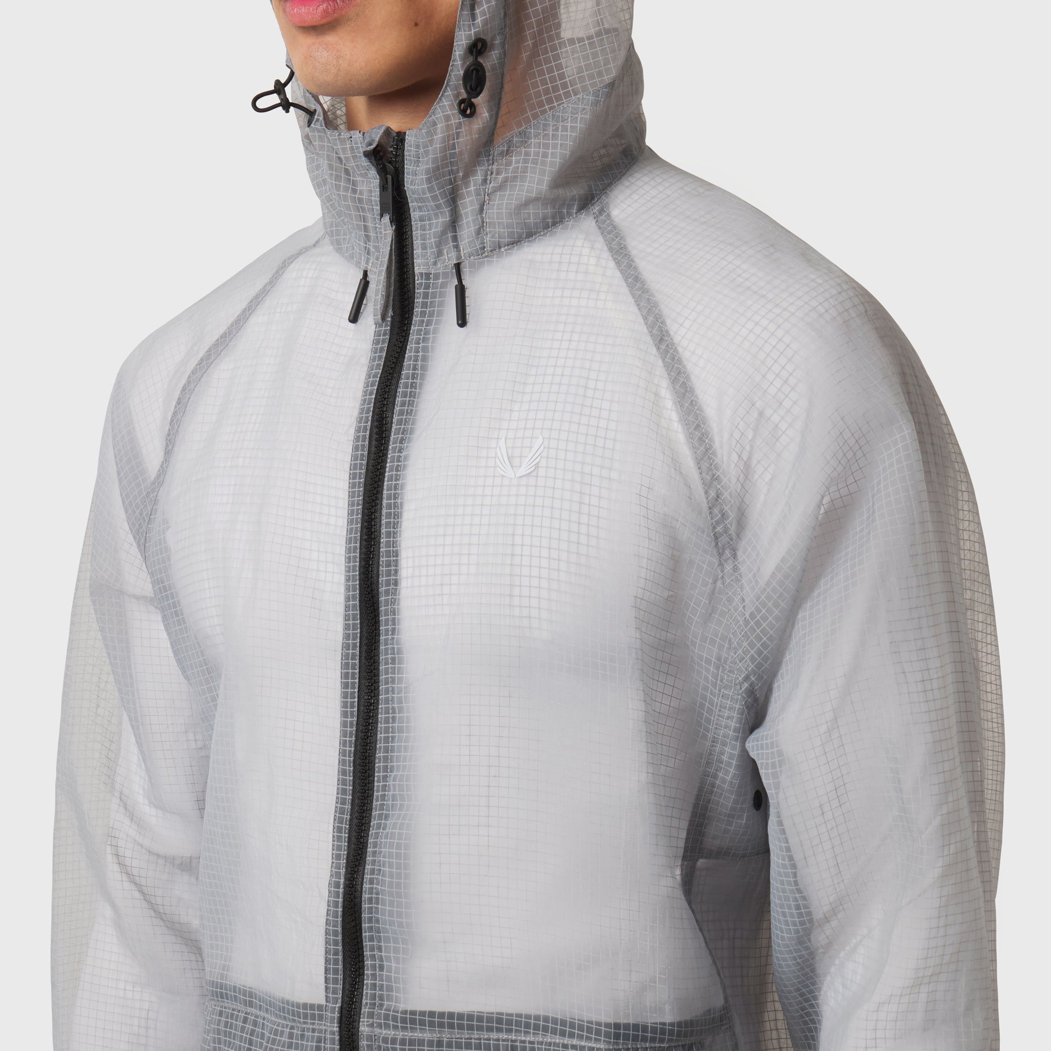 Weather-Ready Transparent Ripstop Shell Jacket in slate grey, worn by model, front view