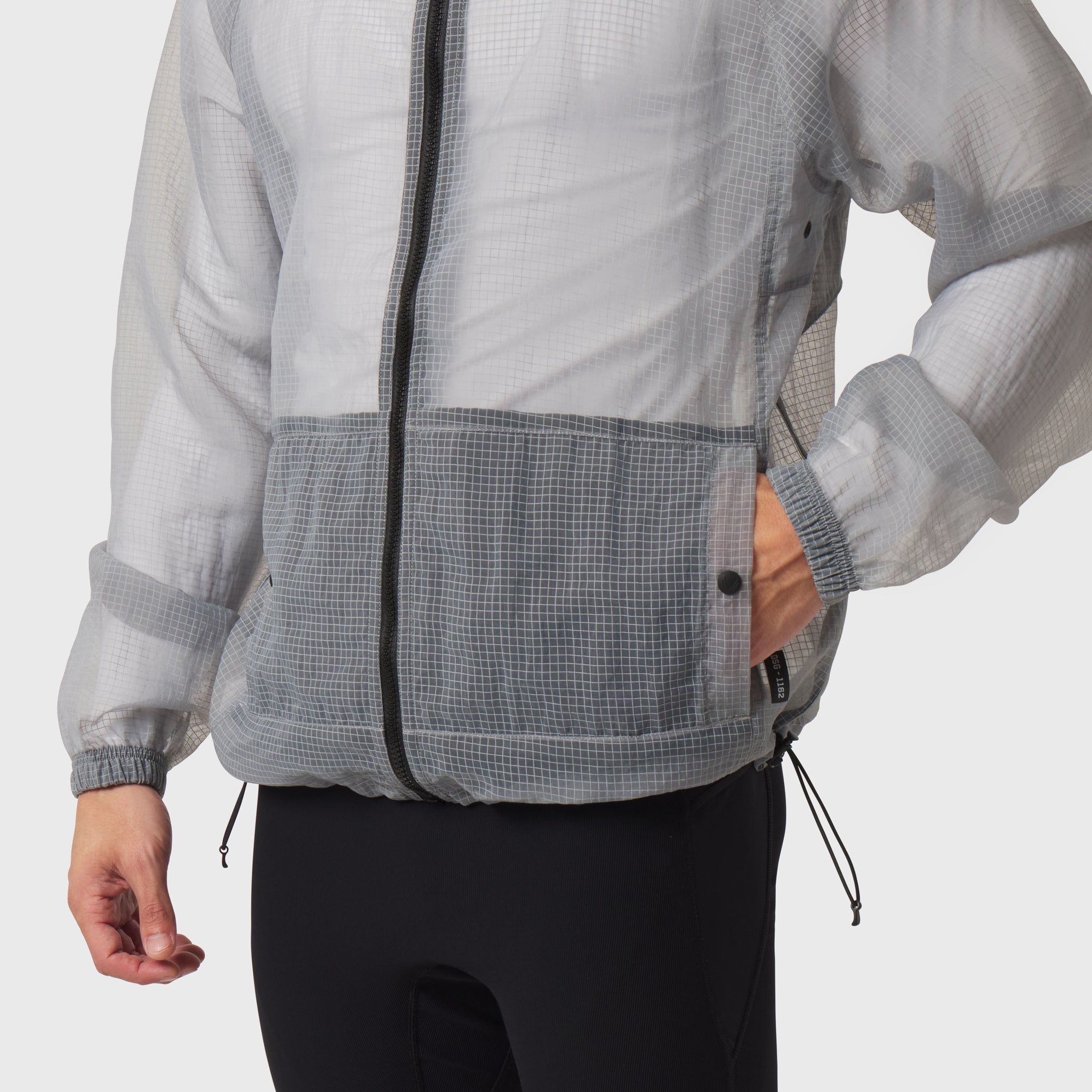 Weather-Ready Transparent Ripstop Shell Jacket in slate grey, worn by model, back view
