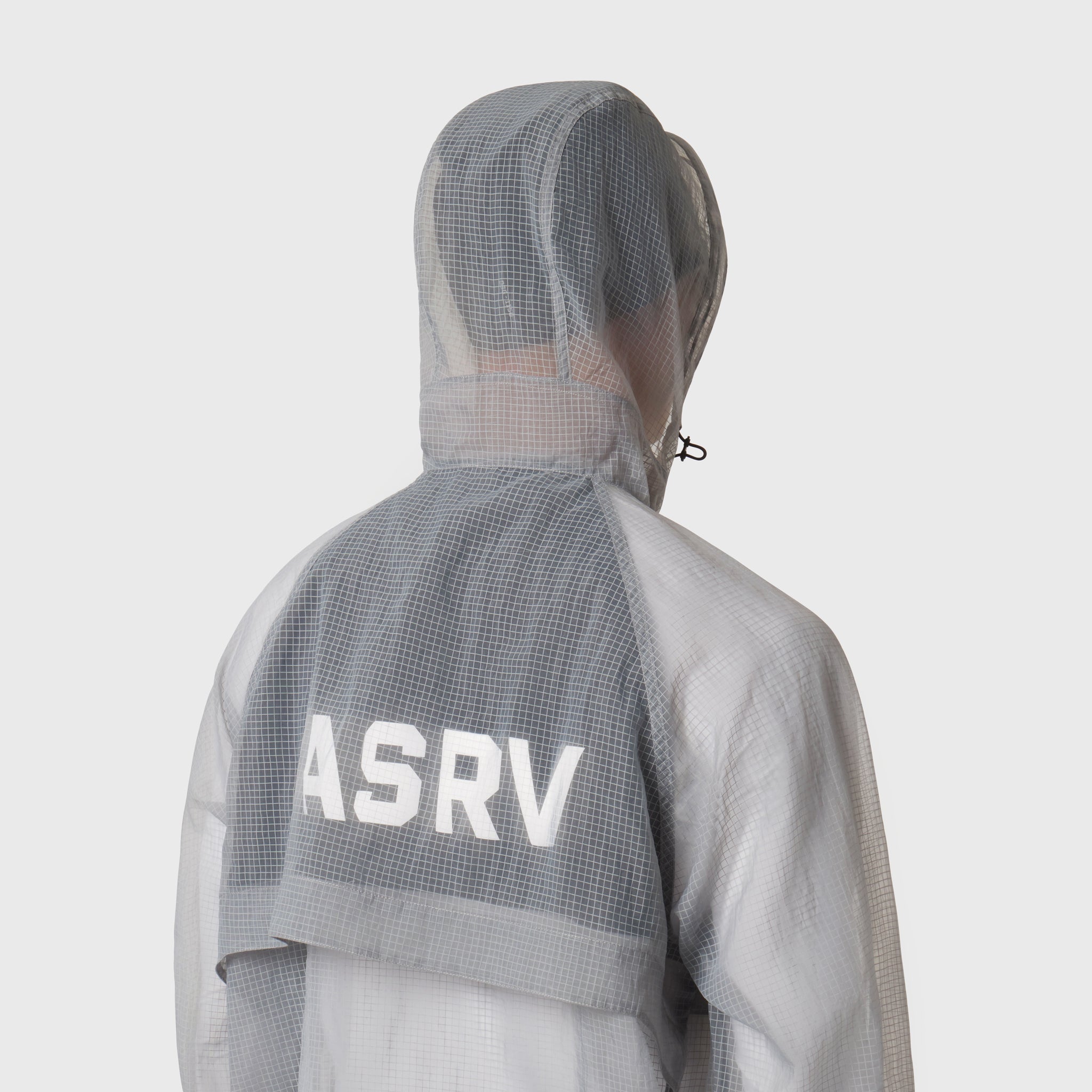 Weather-Ready Transparent Ripstop Shell Jacket in slate grey, worn with hood up, back view