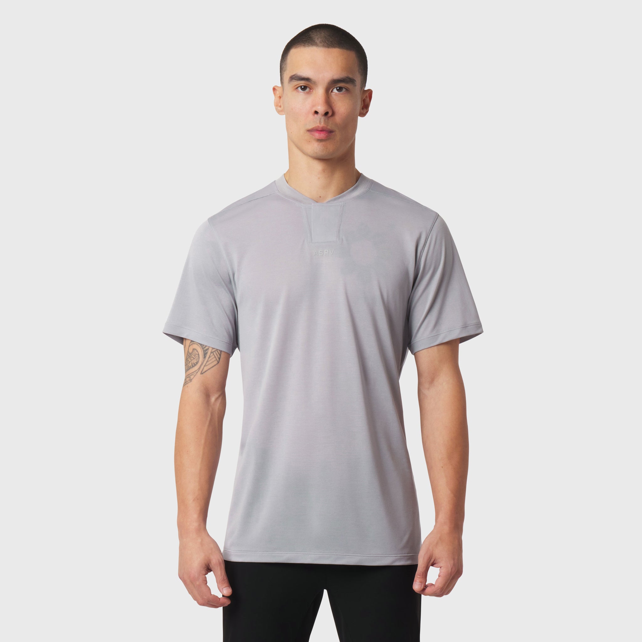 Polartec® Delta Polo in slate grey worn by model, front view