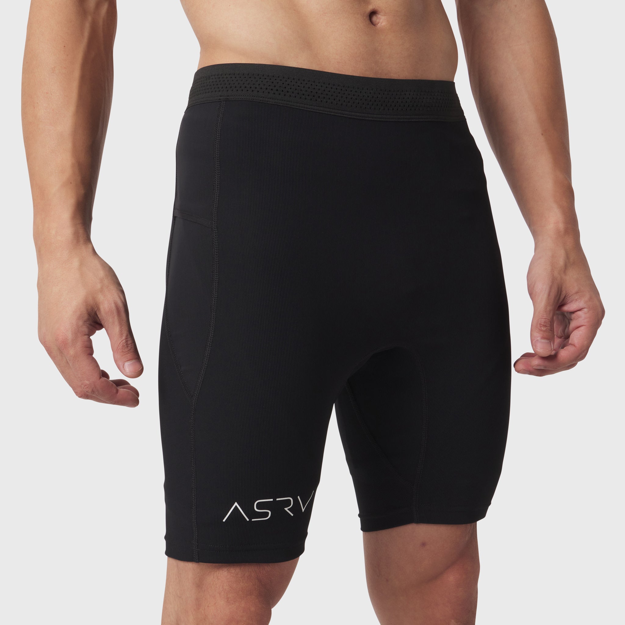 Black Lycra® Ribbed Run Half-Tight shorts on model, front view