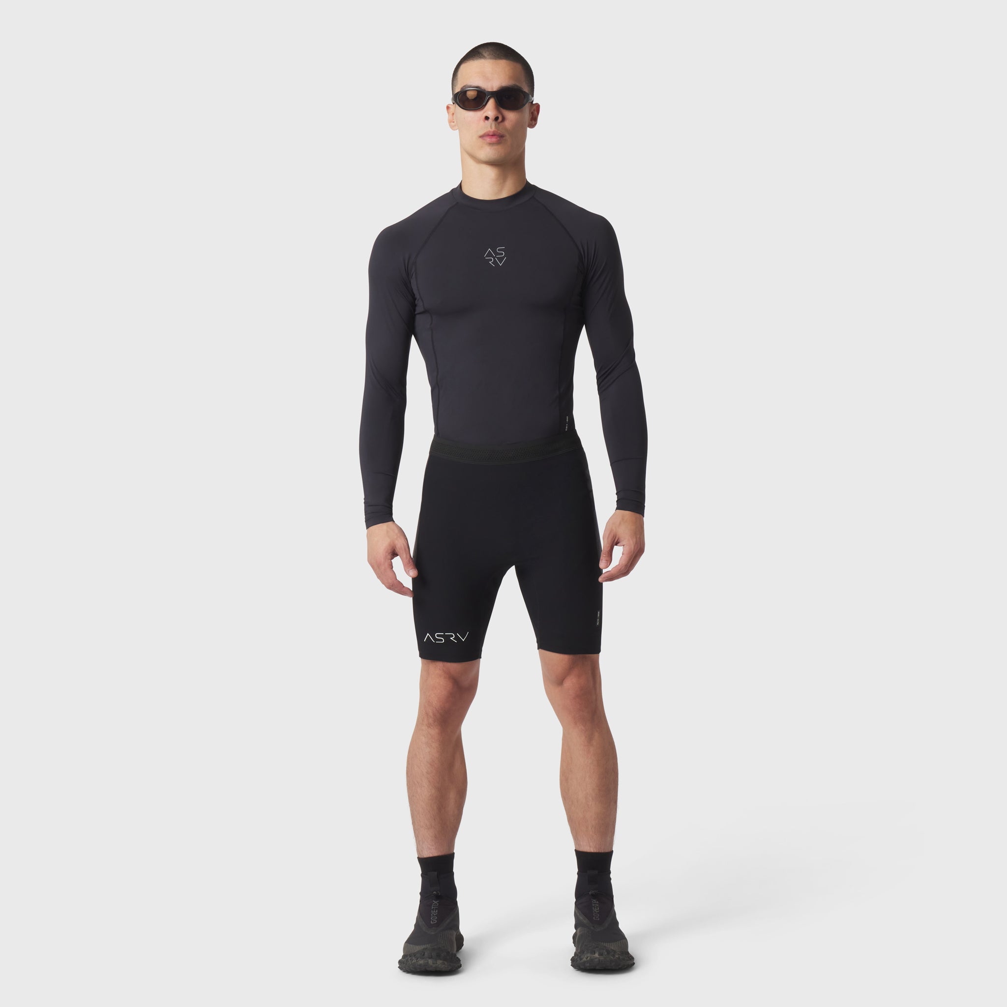 Black Lycra® Ribbed Run Half-Tight shorts on model, front view