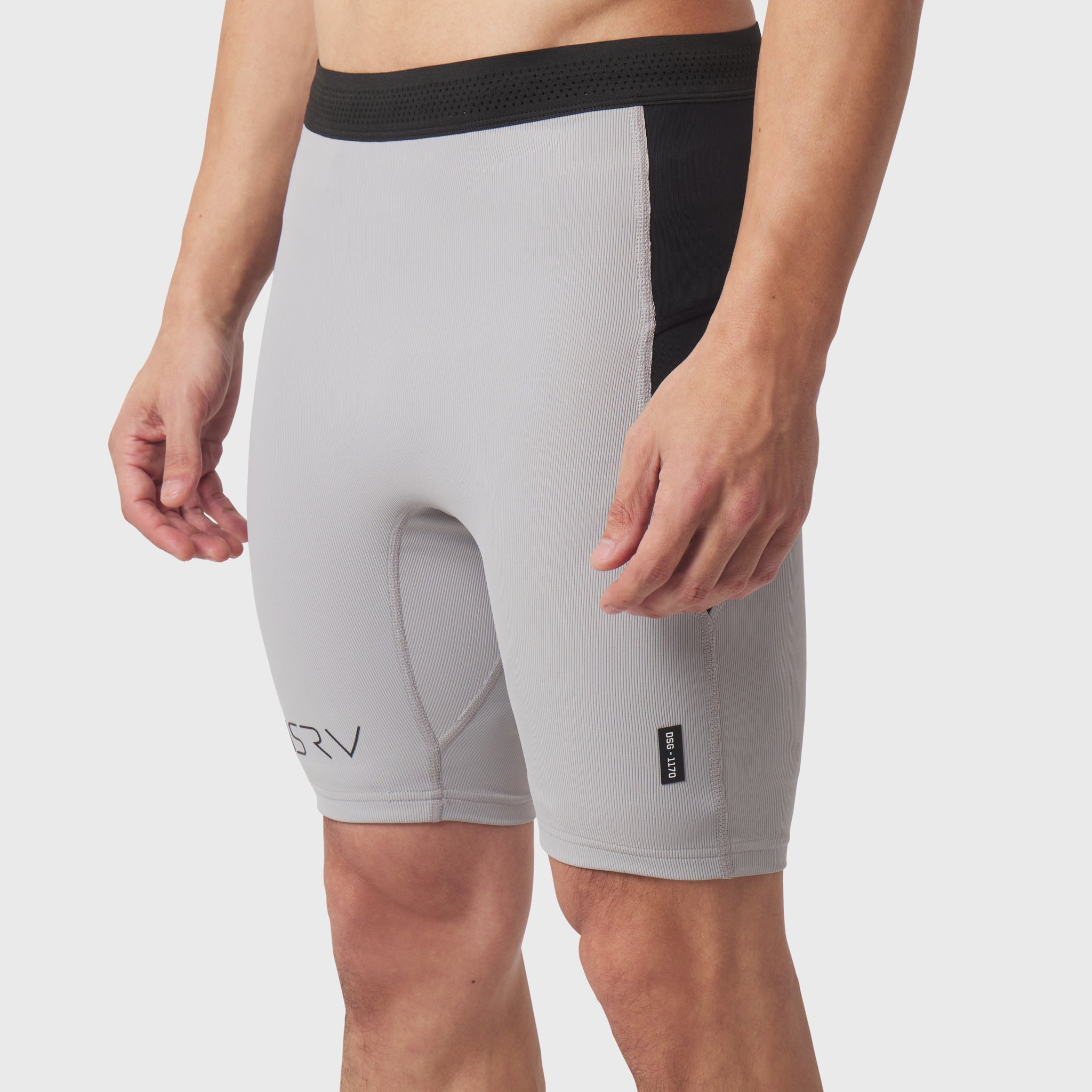 Lycra Ribbed Run Half-Tight shorts in slate grey, modeled on male figure, side view