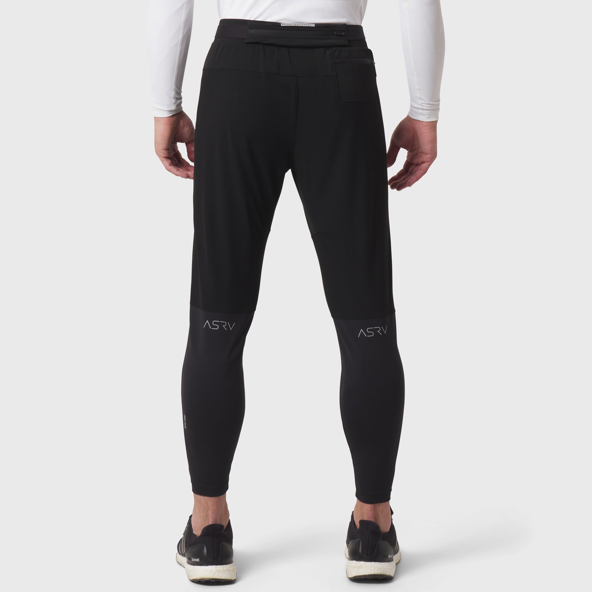 Black Hybrid Belt-Pack Run Jogger worn by model, back view showing ASRV branding on legs