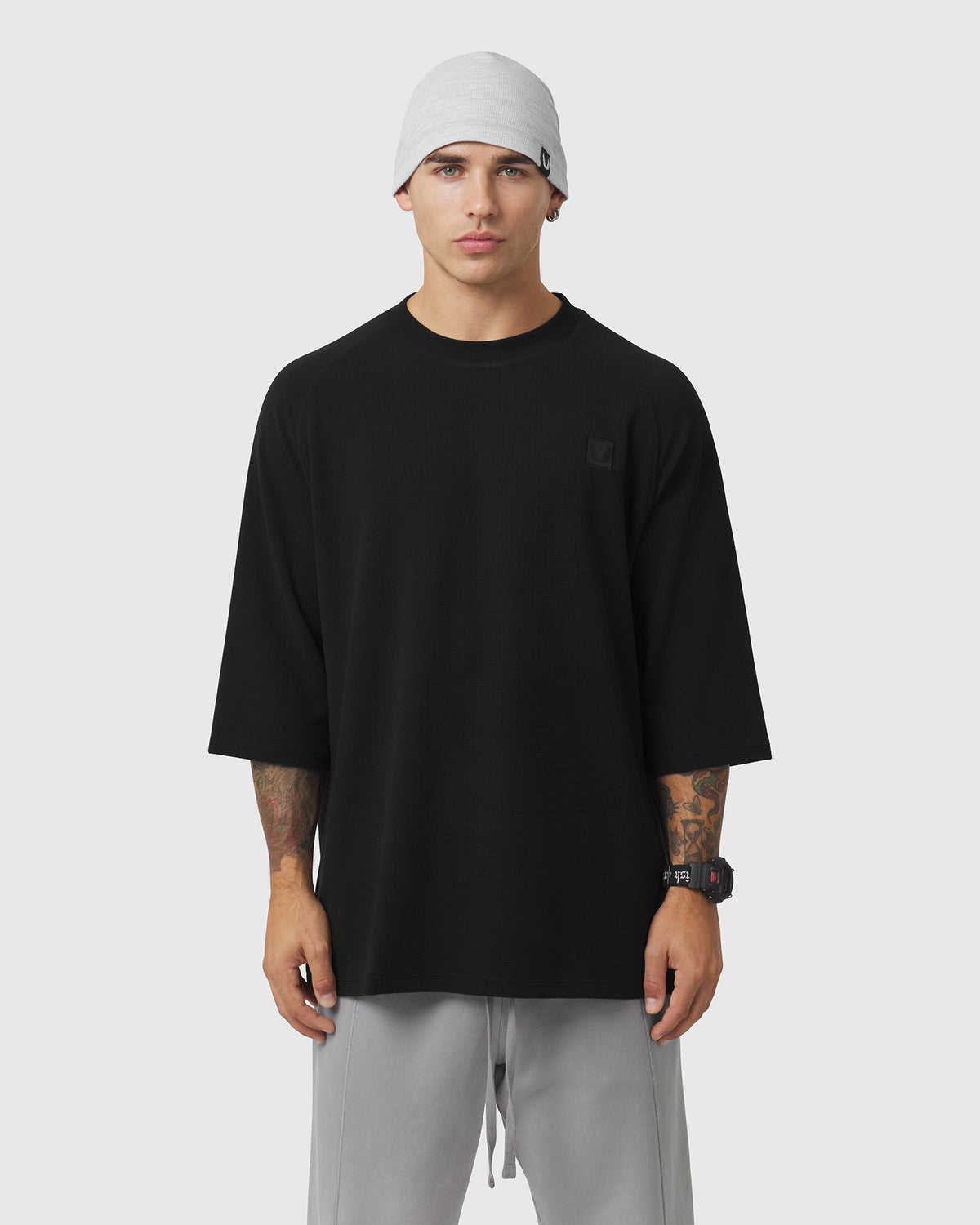 1203. Tech-Waffle™ 3/4-Sleeve Oversized Tee - Black
