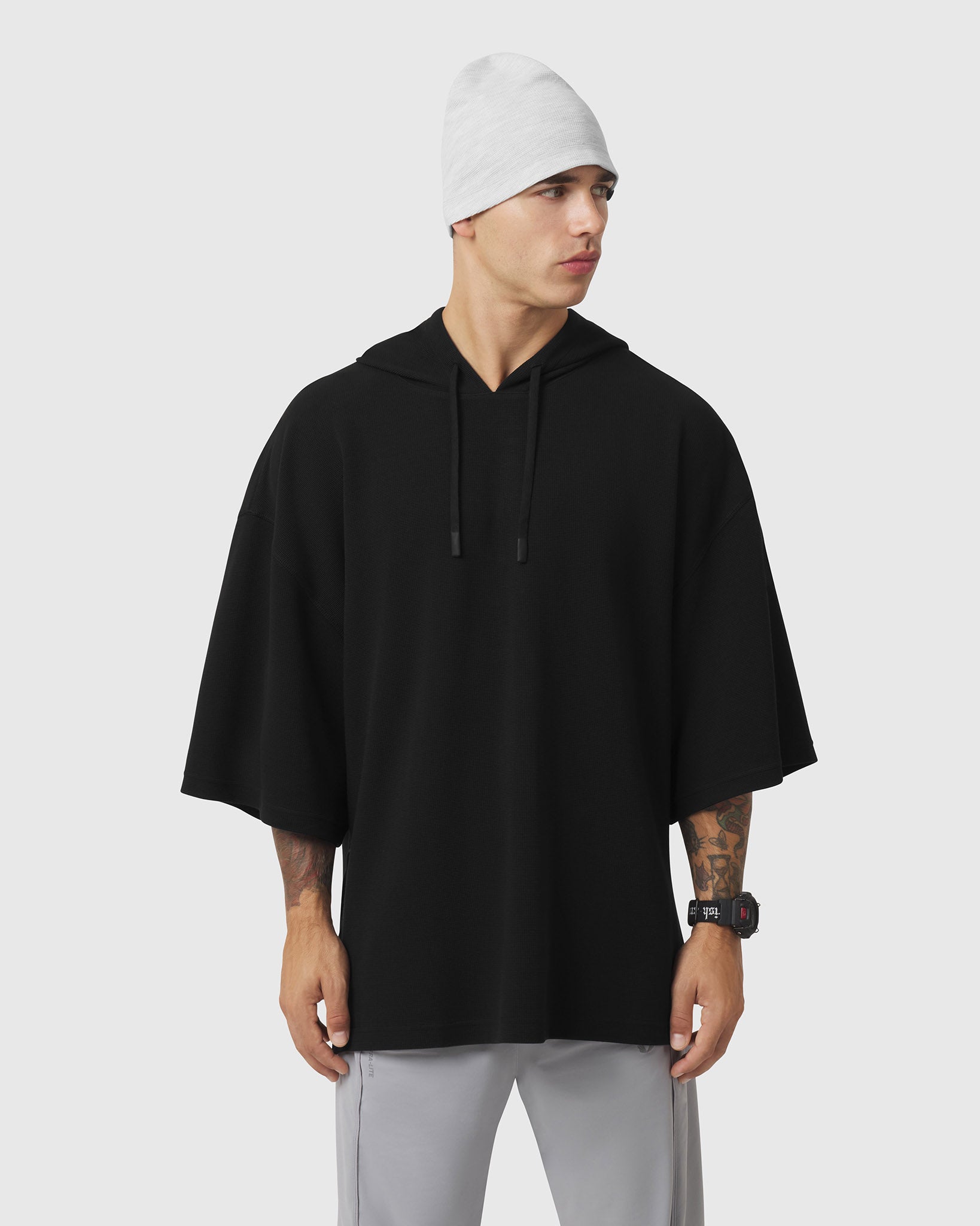 1204. Tech-Waffle™ Short Sleeve Oversize Hoodie - Black