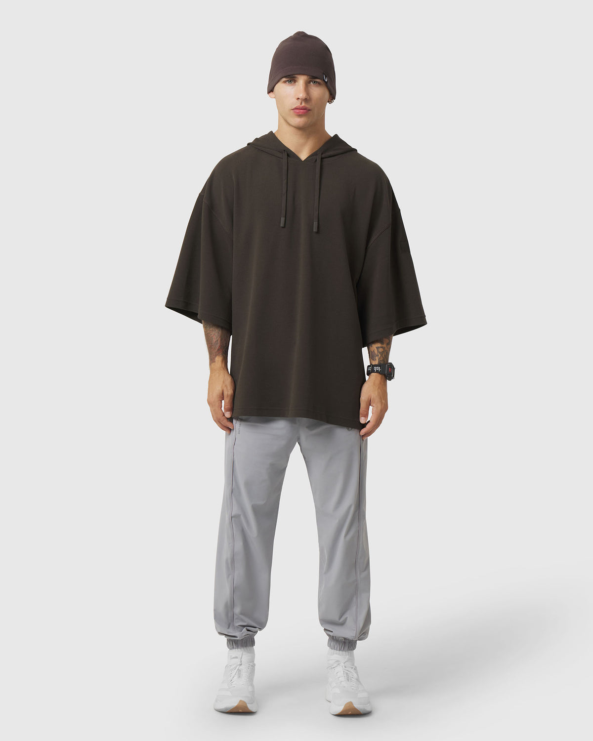 1204. Tech-Waffle™ Short Sleeve Oversize Hoodie - Dark Earth