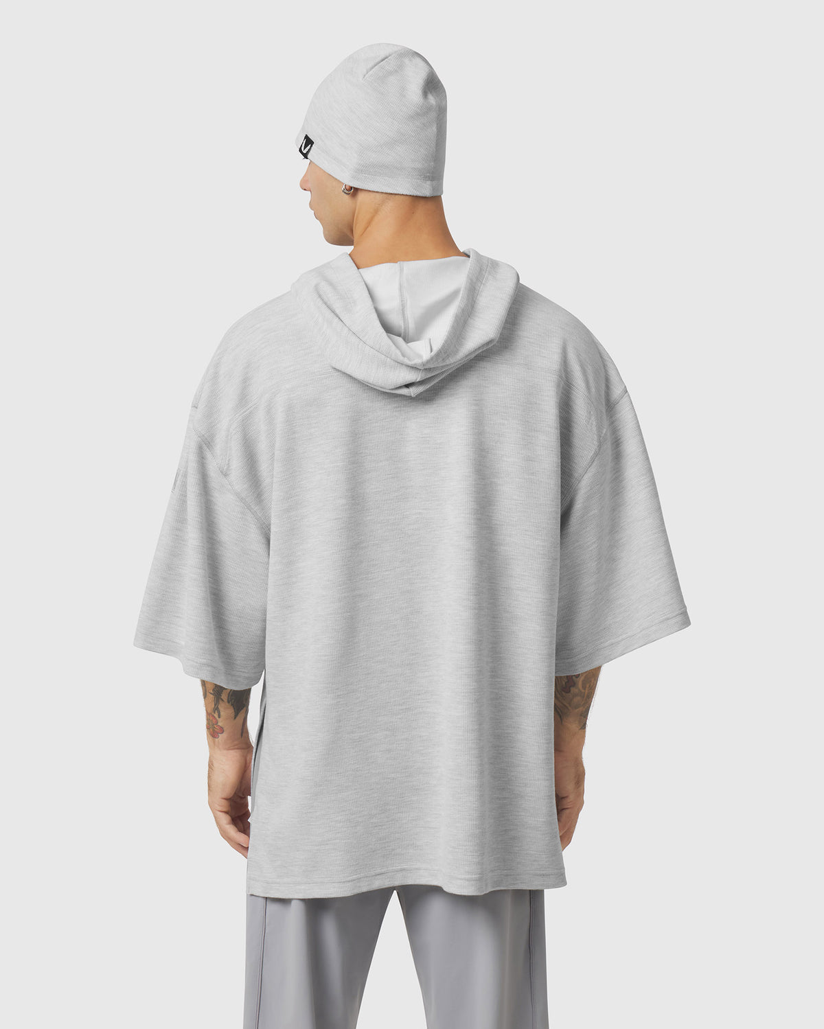 1204. Tech-Waffle™ Short Sleeve Oversize Hoodie - Heather Grey