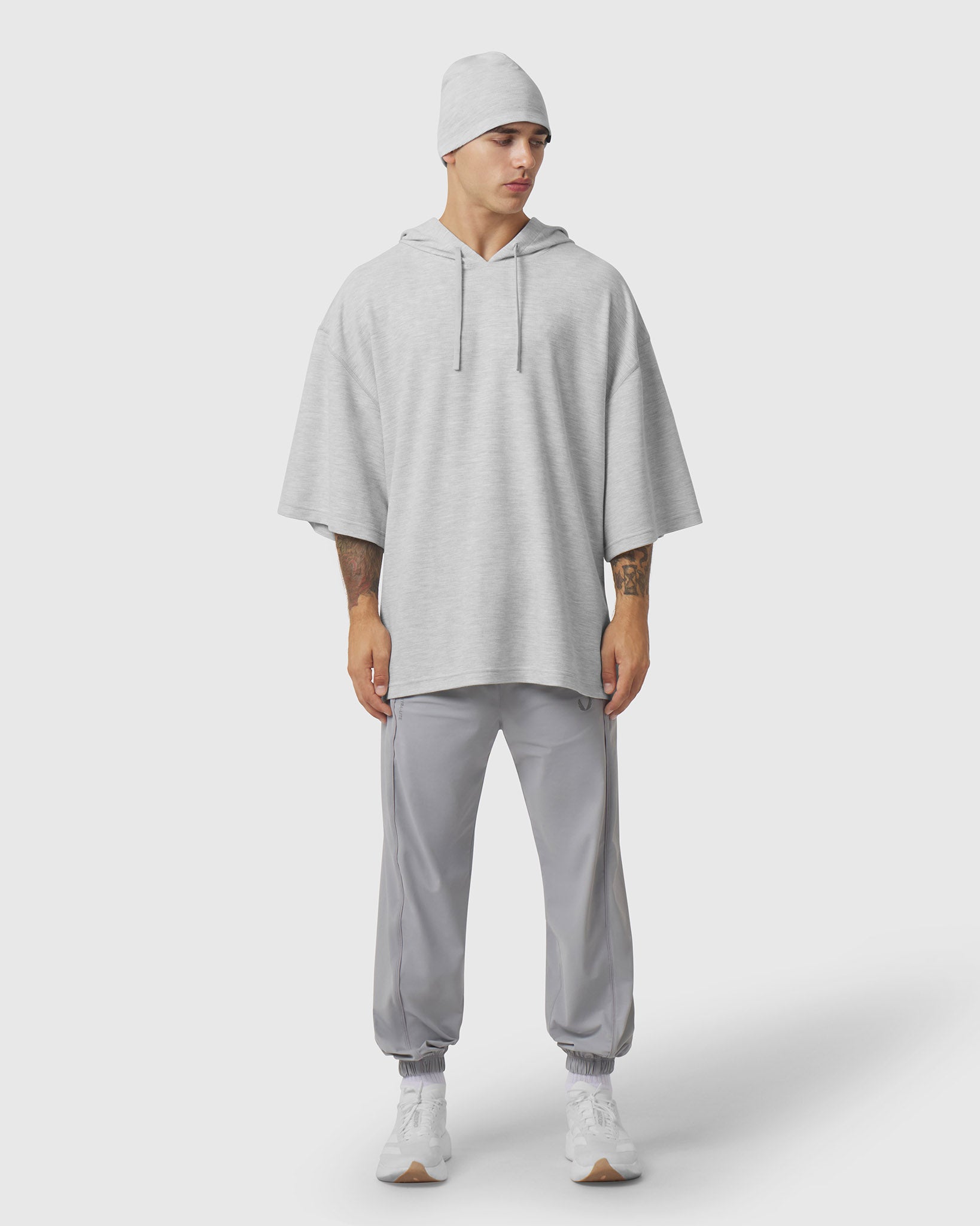 1204. Tech-Waffle™ Short Sleeve Oversized Hoodie - Heather Grey 1204. Tech-Waffle™ Short Sleeve Oversized Hoodie - Heather Grey