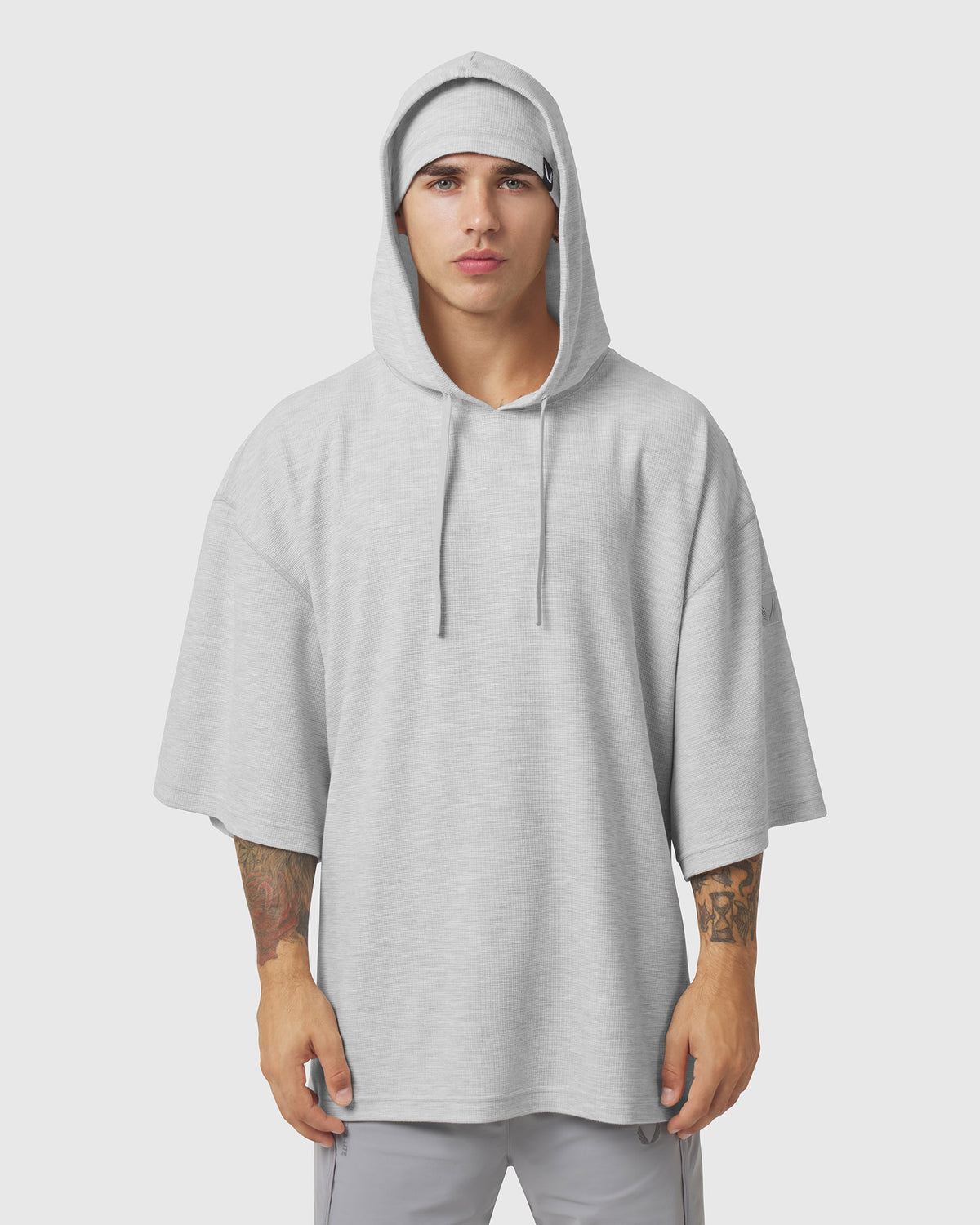 1204. Tech-Waffle™ Short Sleeve Oversize Hoodie - Heather Grey