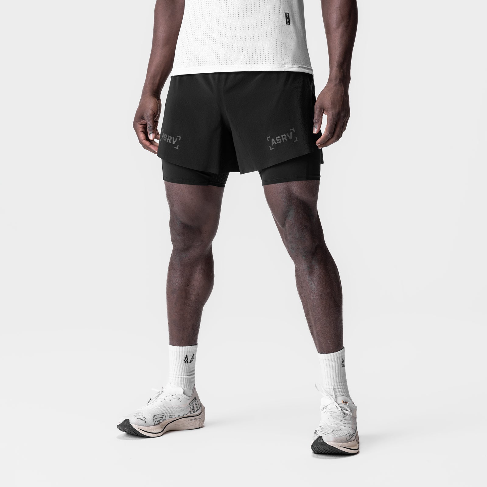 Aerotex 4" High Split Liner Short in black, front view on model
