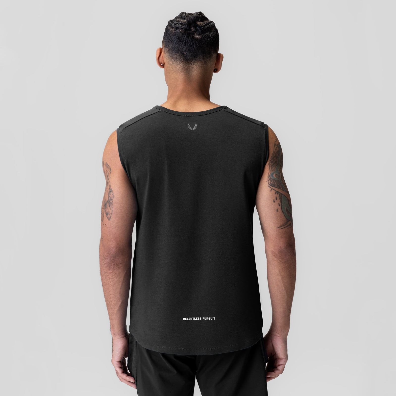 Black Creora® Cotton Modal Cutoff Tank worn by model, back view