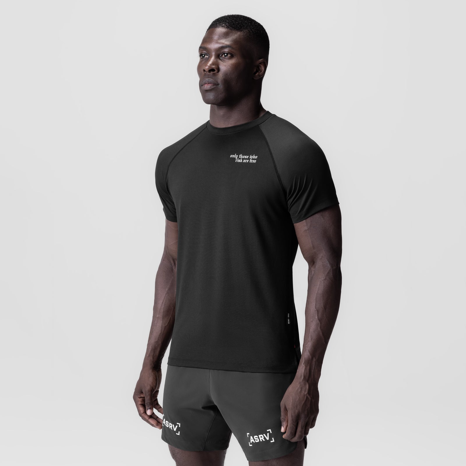Black 3D-Lite® 2.0 Lycra® Fitted Tee with 'Brush Wings' text, worn by model in three-quarter view