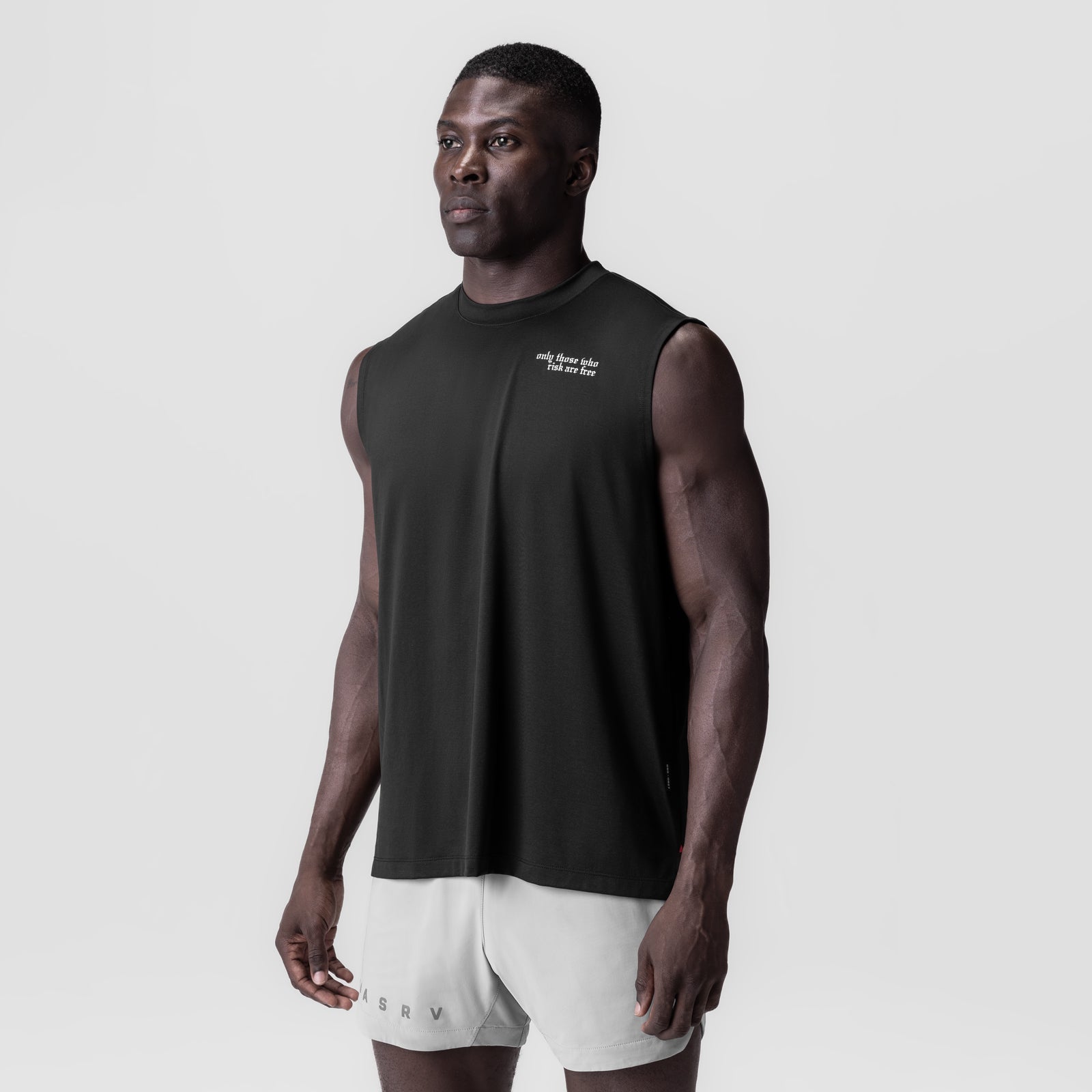 Black 3D-Lite® 2.0 Lycra® Relaxed Cutoff tank top worn by model, front view