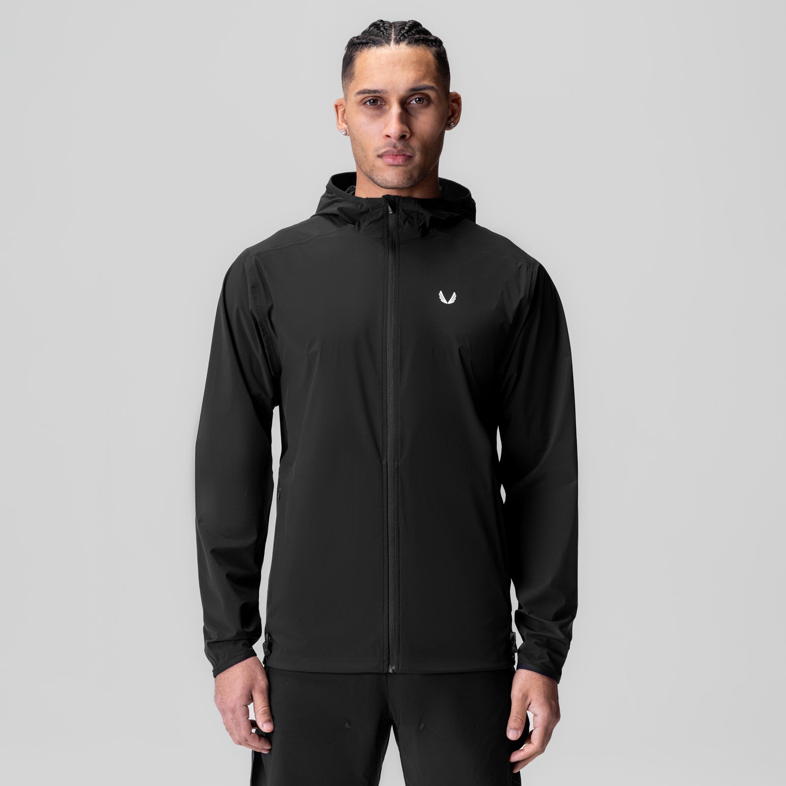 Aerotex Lightweight Windbreaker in black, worn by model, front view