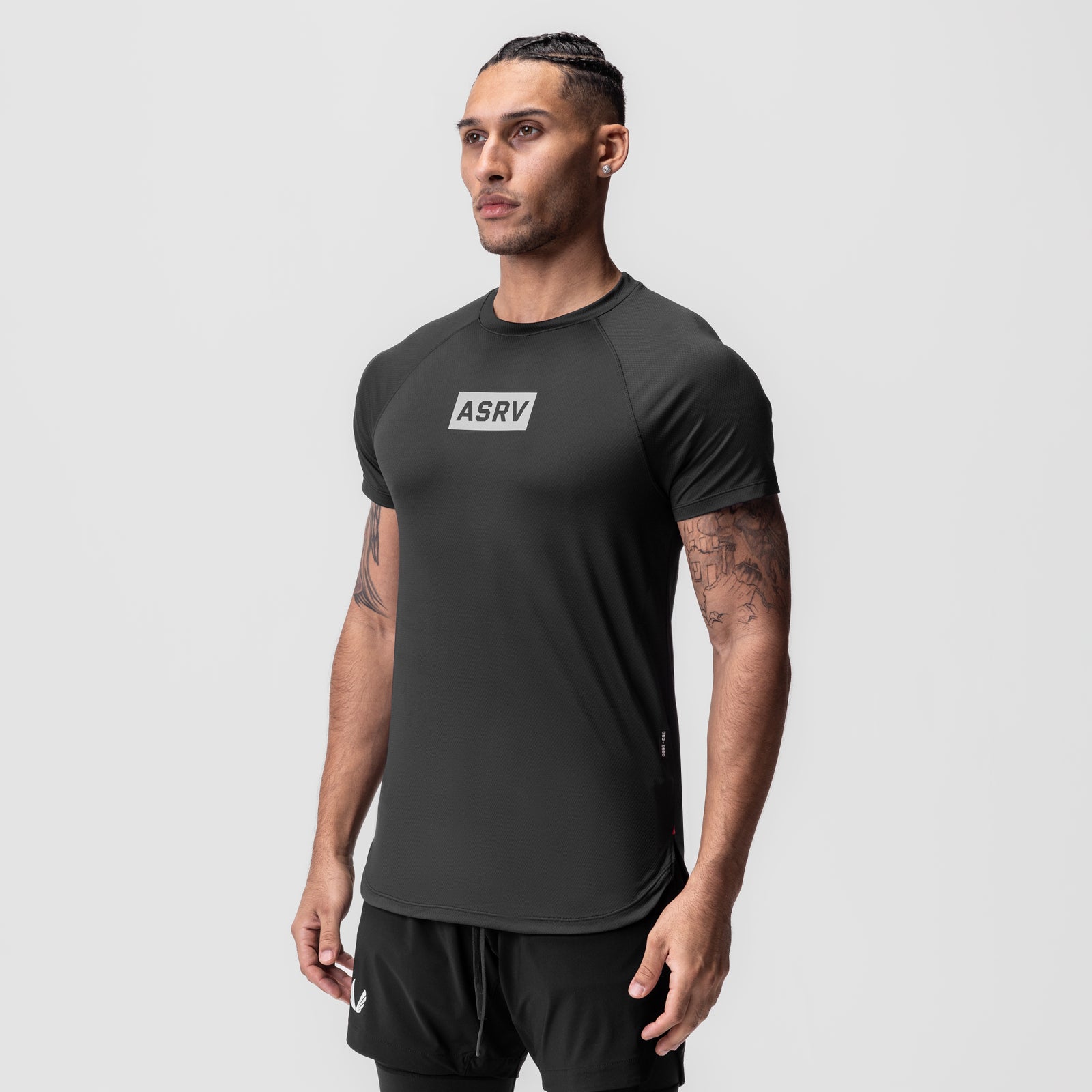 AeroSilver Established Tee in black with box logo, worn by model, front view