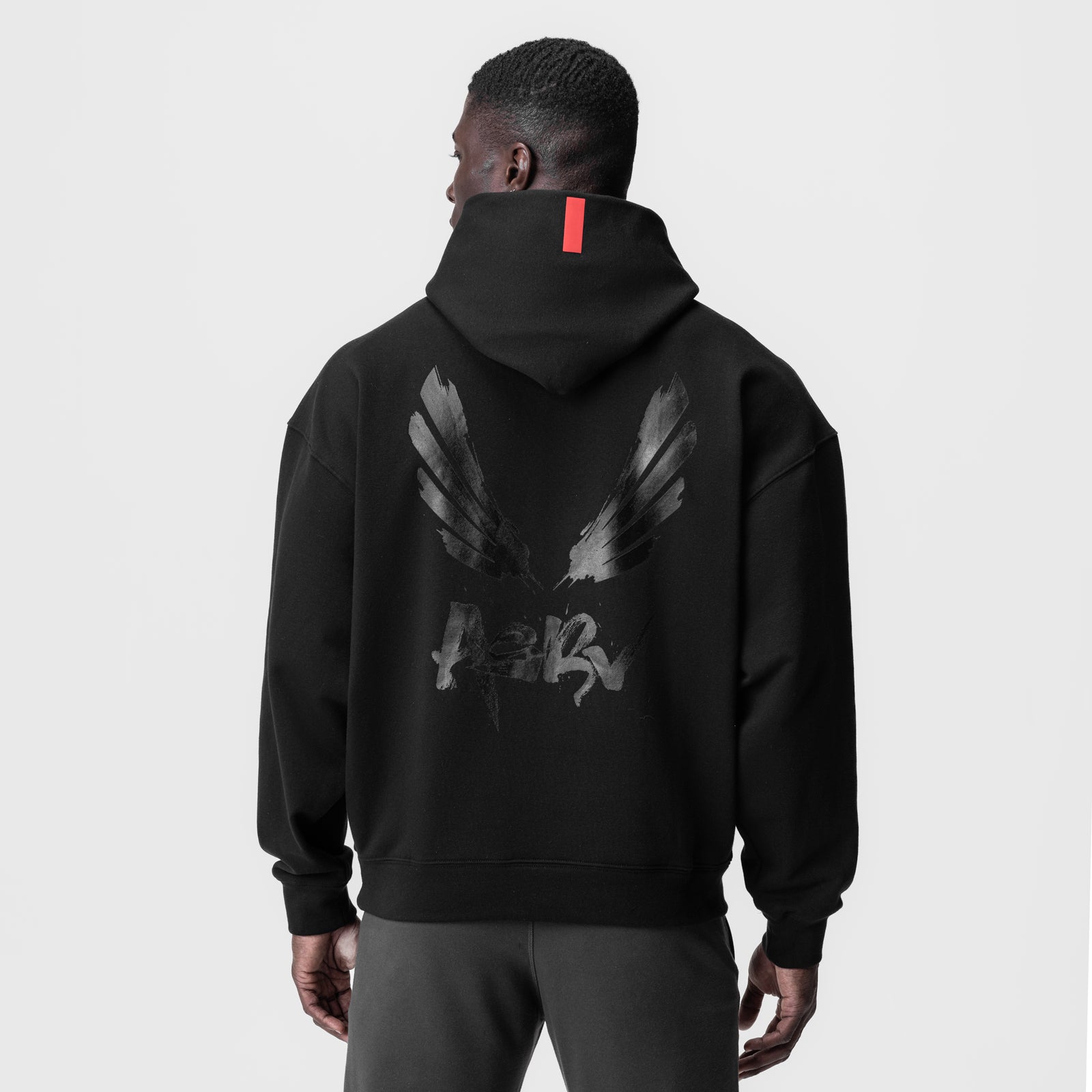 Tech-Terry Zip Pocket Hoodie in black with brush wings graphic, back view on model