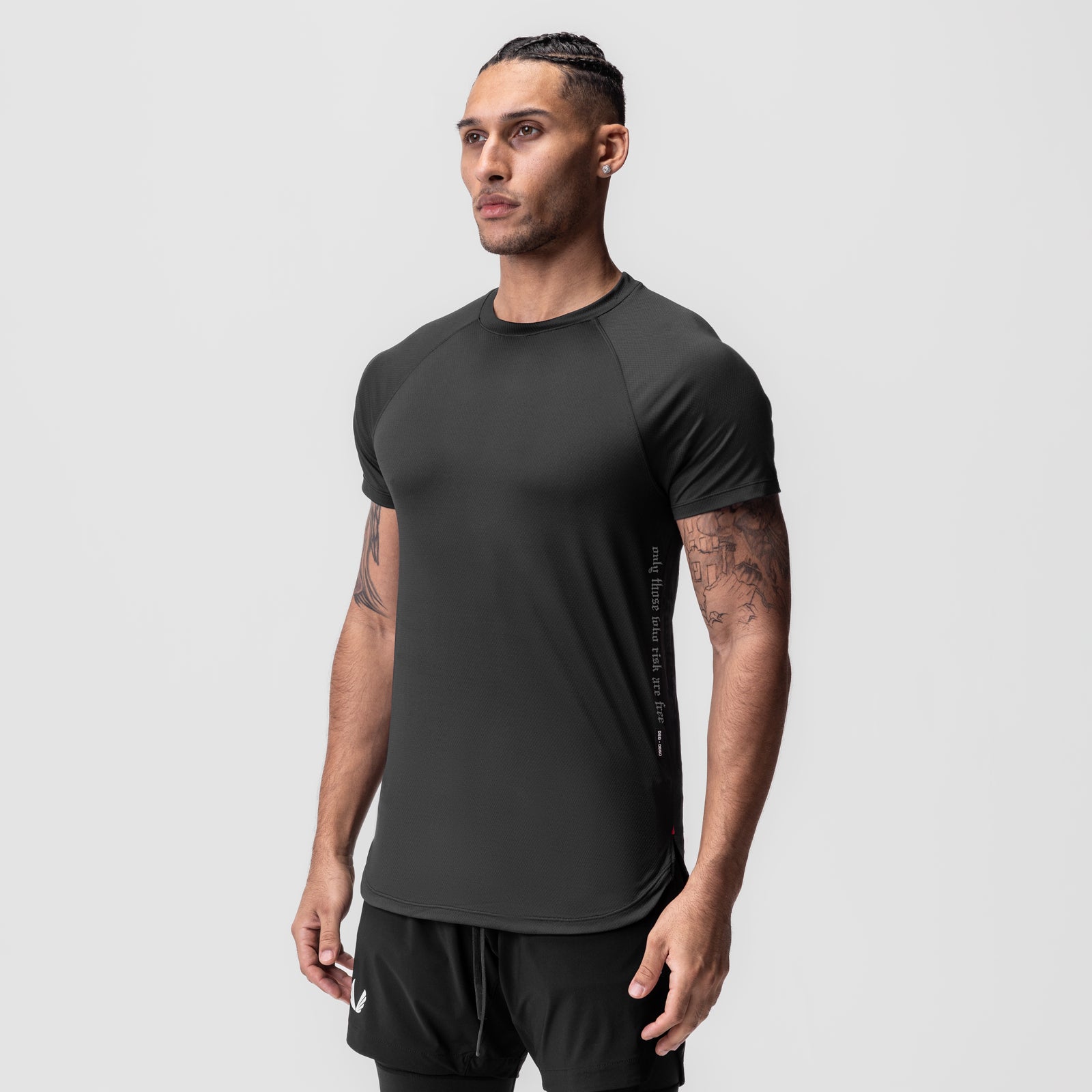 Black AeroSilver Established Tee worn by model in three-quarter view