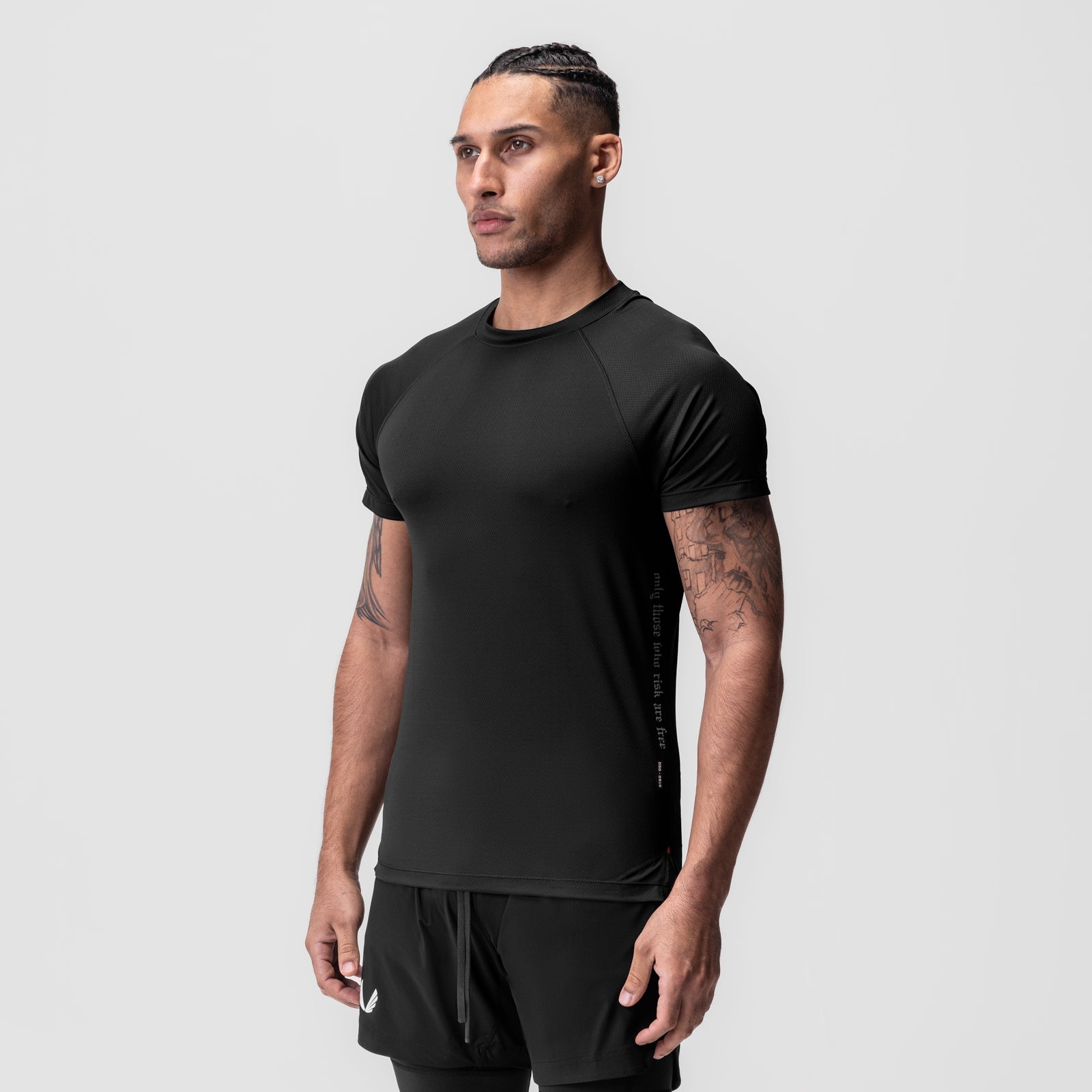 AeroSilver Fitted Tee in black worn by model, front three-quarter view