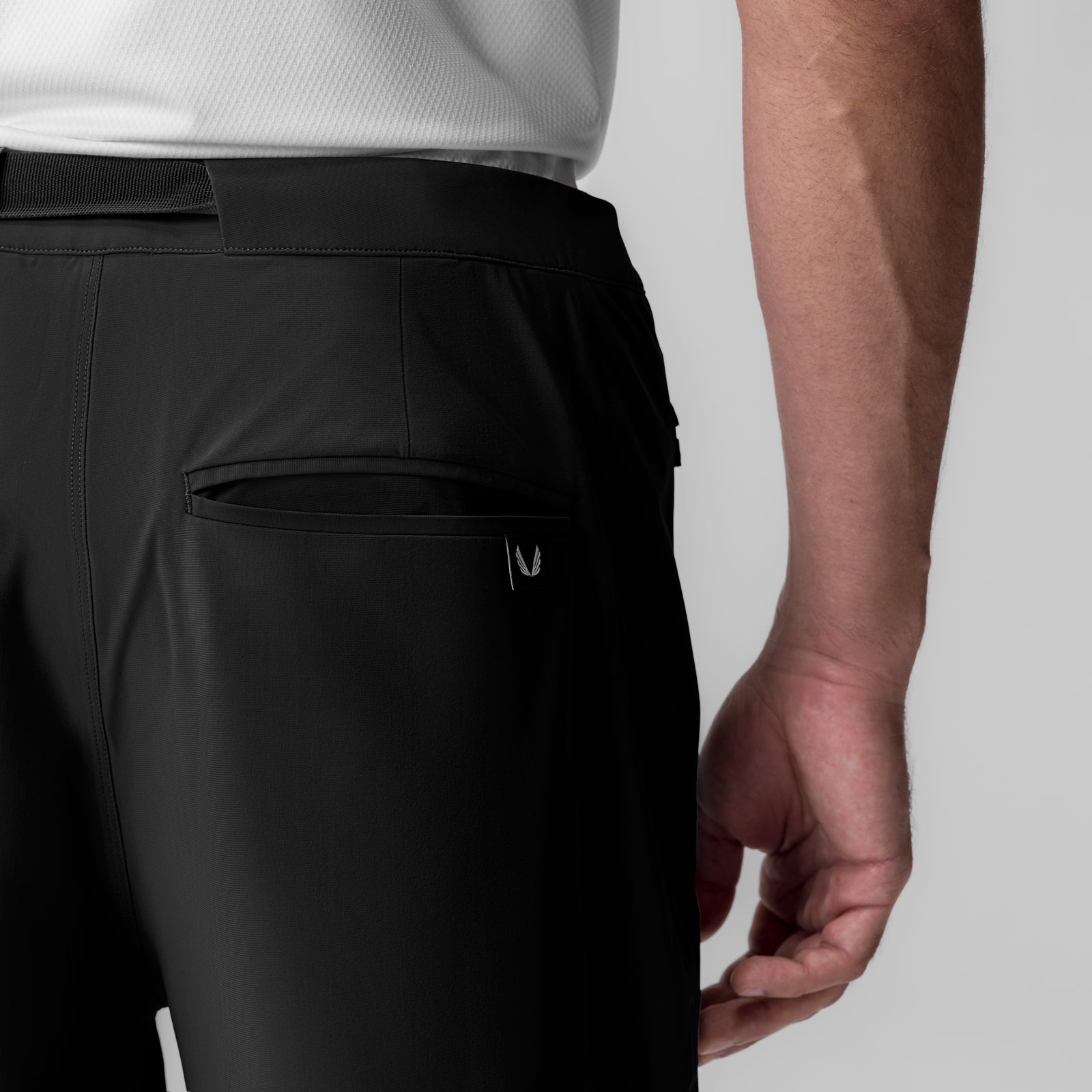 Black Tetra-Lite Field Pant worn by model, side detail view showing pocket