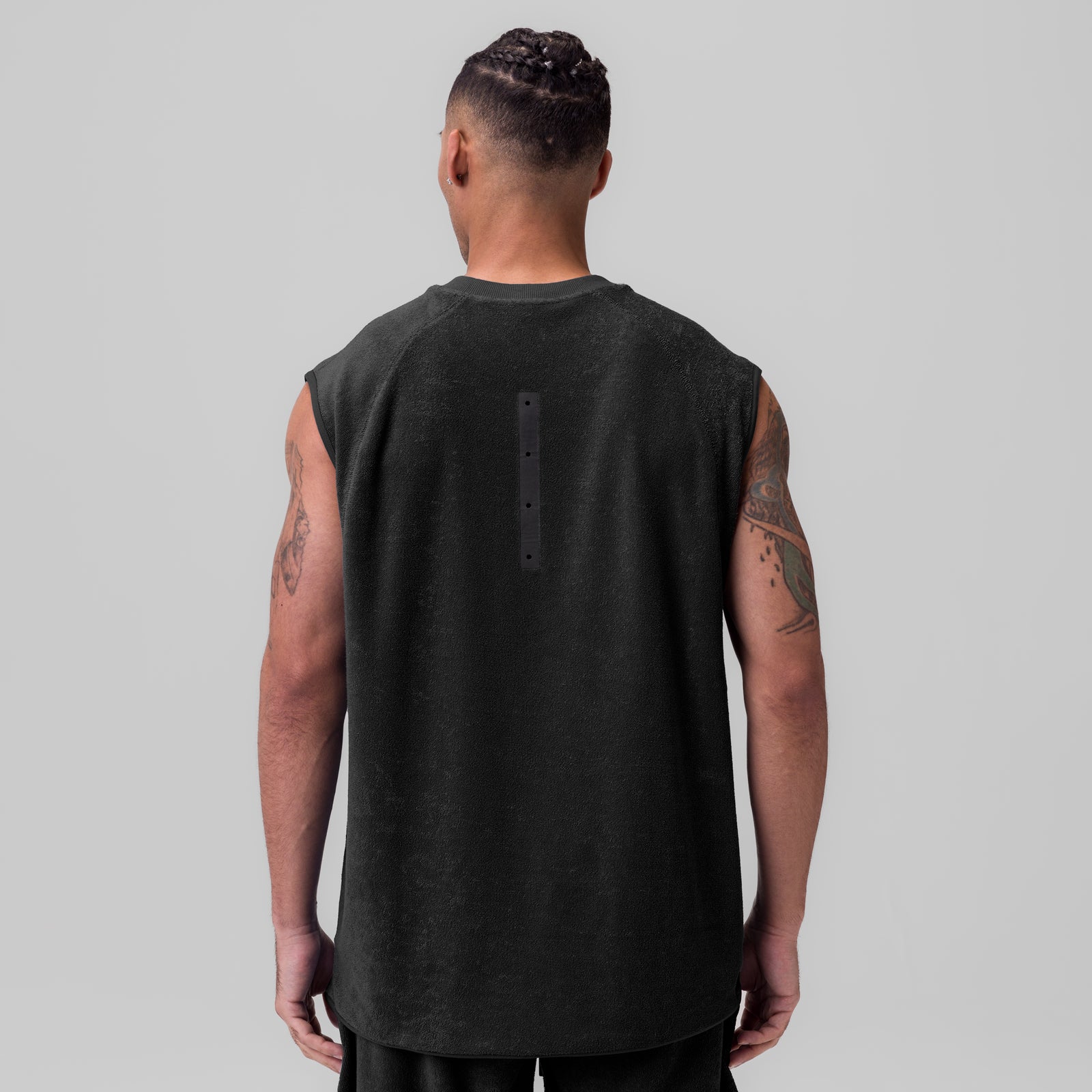Black Towel Terry Cutoff sleeveless tank worn by model, back view