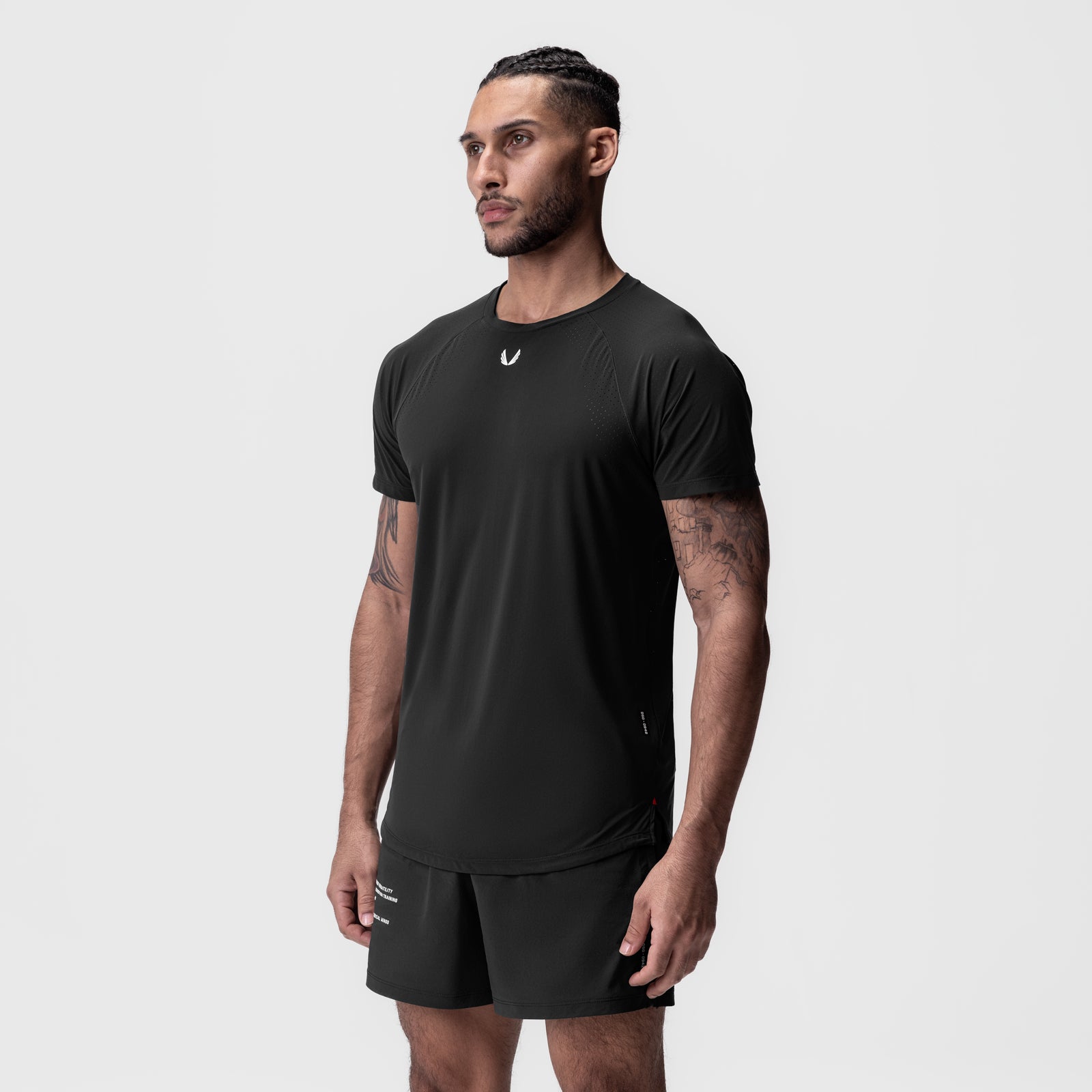Black Laser-Vent Established Tee worn by model, front view