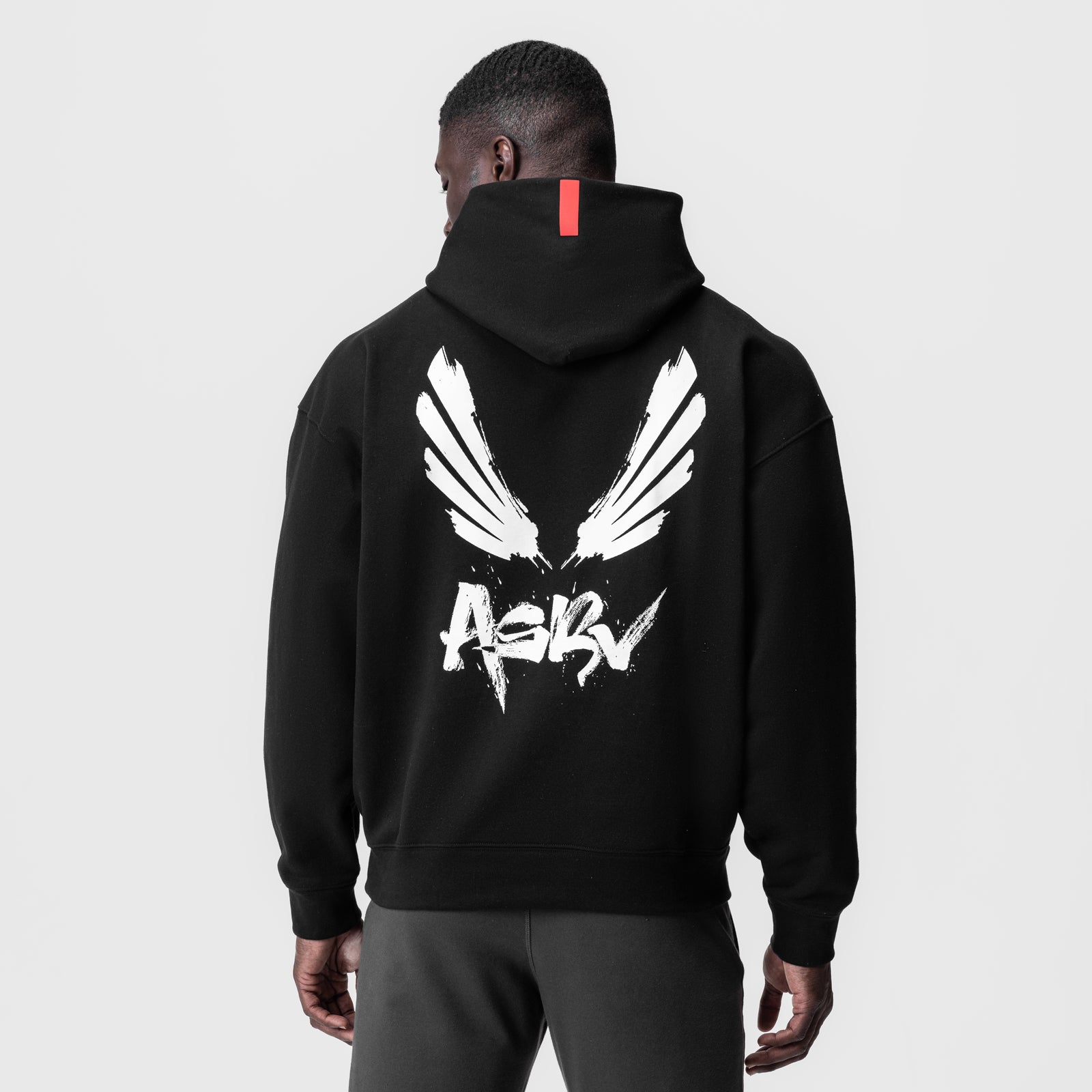 Tech-Terry Zip Pocket Hoodie in black with brush wings graphic, back view on model