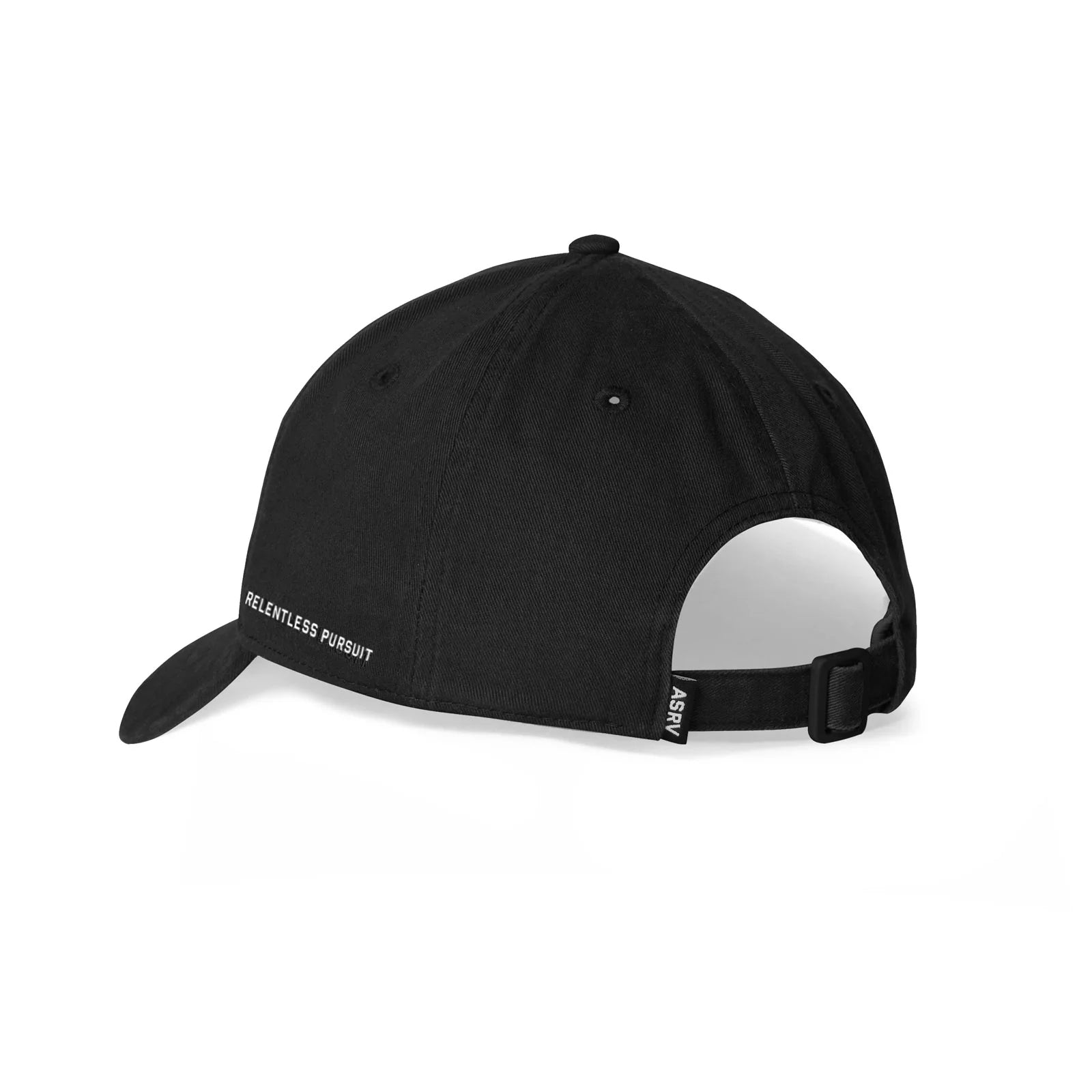 Black baseball cap with 'Relentless Pursuit' text on back strap, angled side view