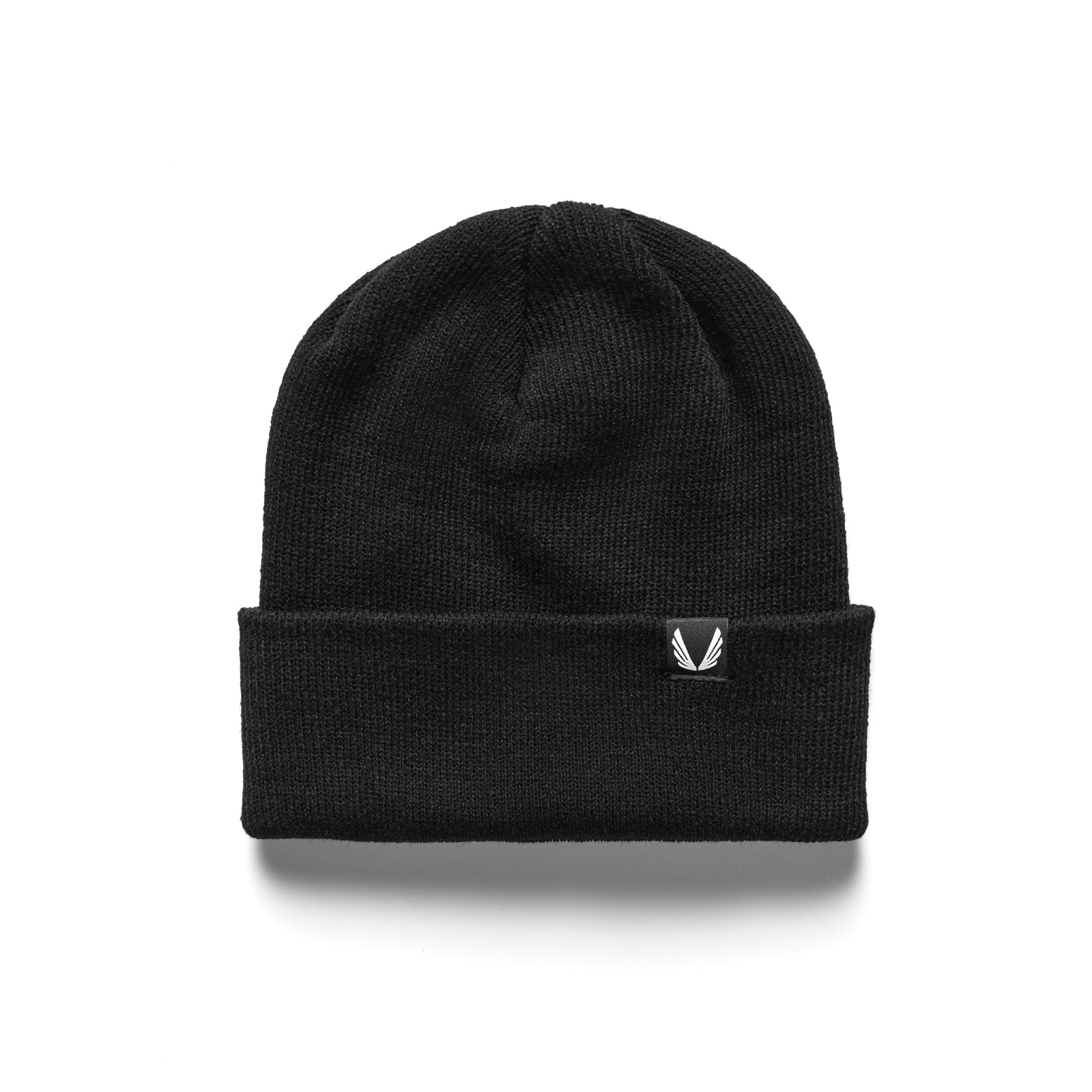 flatlay Essential Beanie in black, front view on white background