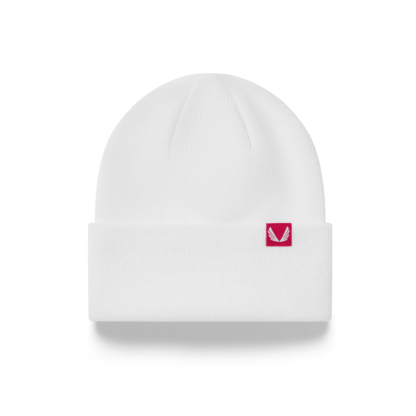 Essential Beanie in white, front view with pink logo patch